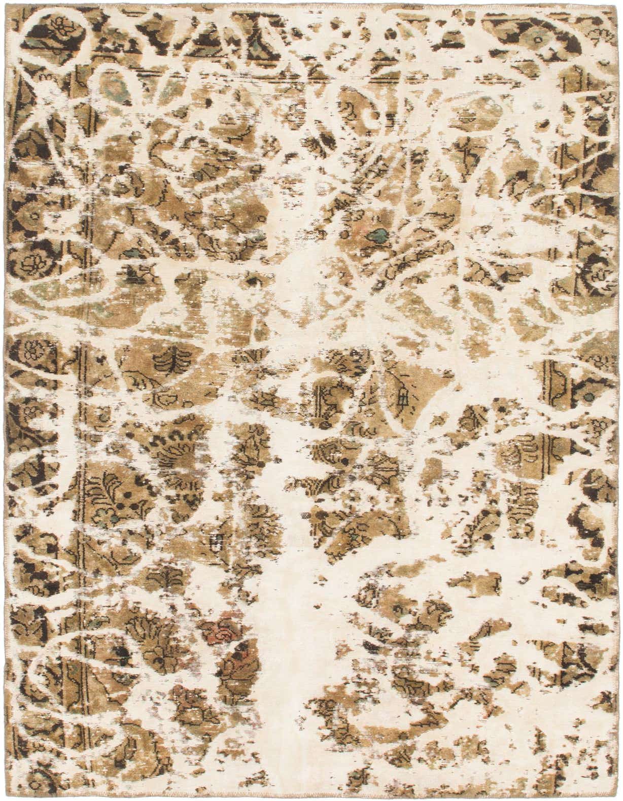 An 8 ft runner rug featuring a distressed ivory and cream background with faded brown and black Persian-style patterns.