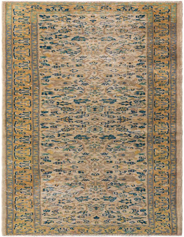An 8 ft runner rug with a cream and ivory base, featuring a distressed Persian pattern in teal, gold, and light blue, ideal for a hallway or kitchen.