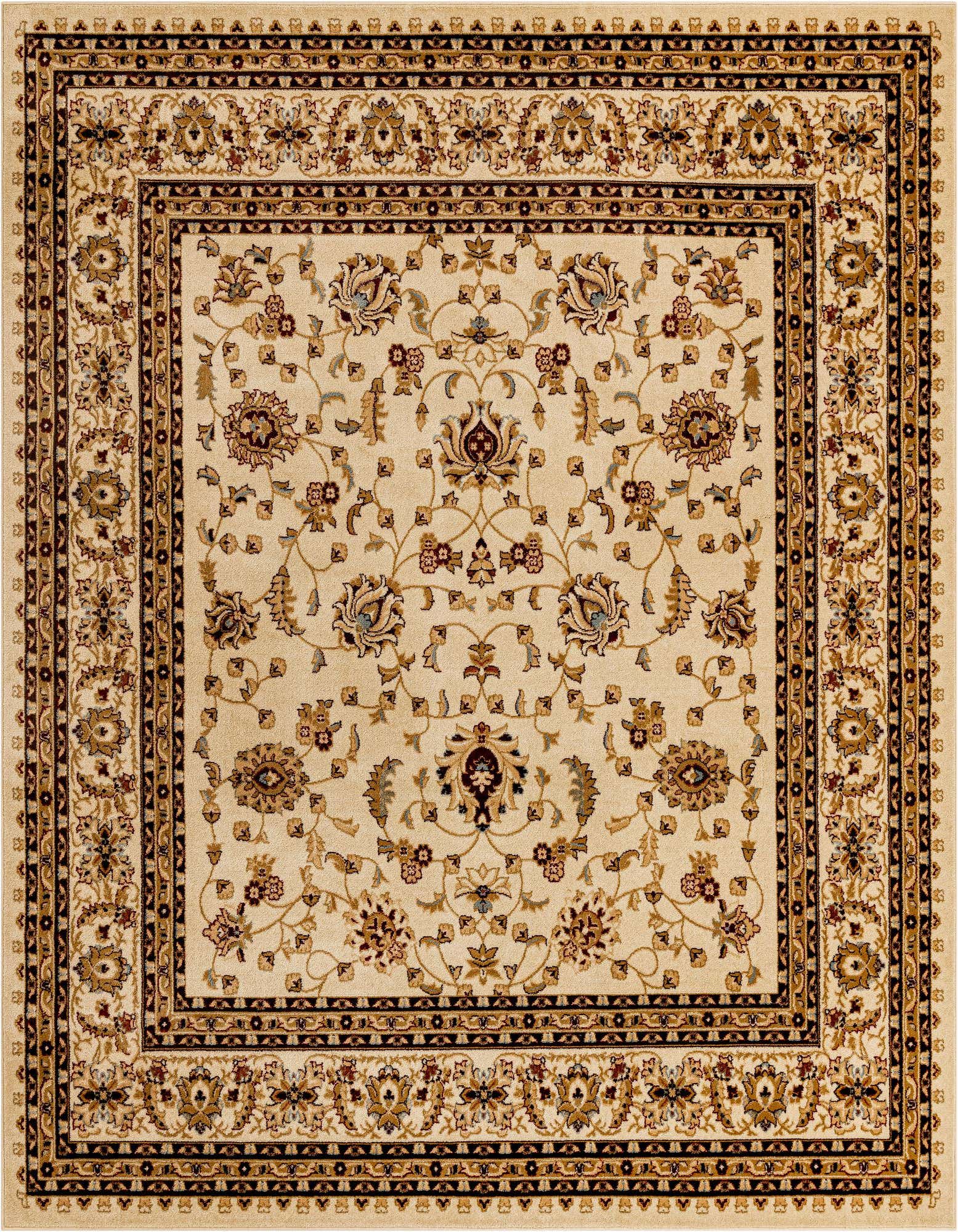 A 10' 0 x 10' 0 square ivory traditional rug with an ornate floral and oriental pattern and a detailed border.