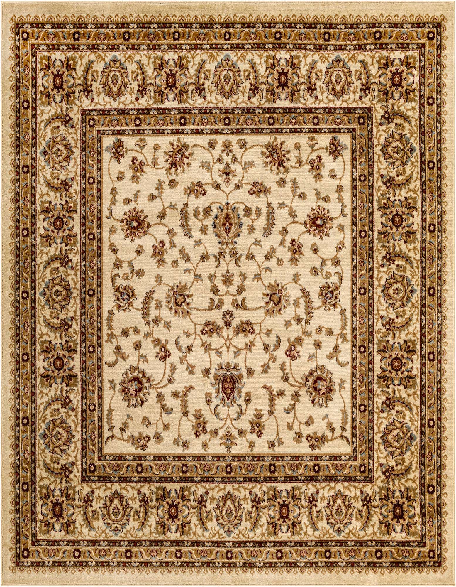 A 7' 0 x 7' 0 square Aditi rug in ivory with a traditional floral and oriental pattern, featuring cream, brown, and subtle blue accents.