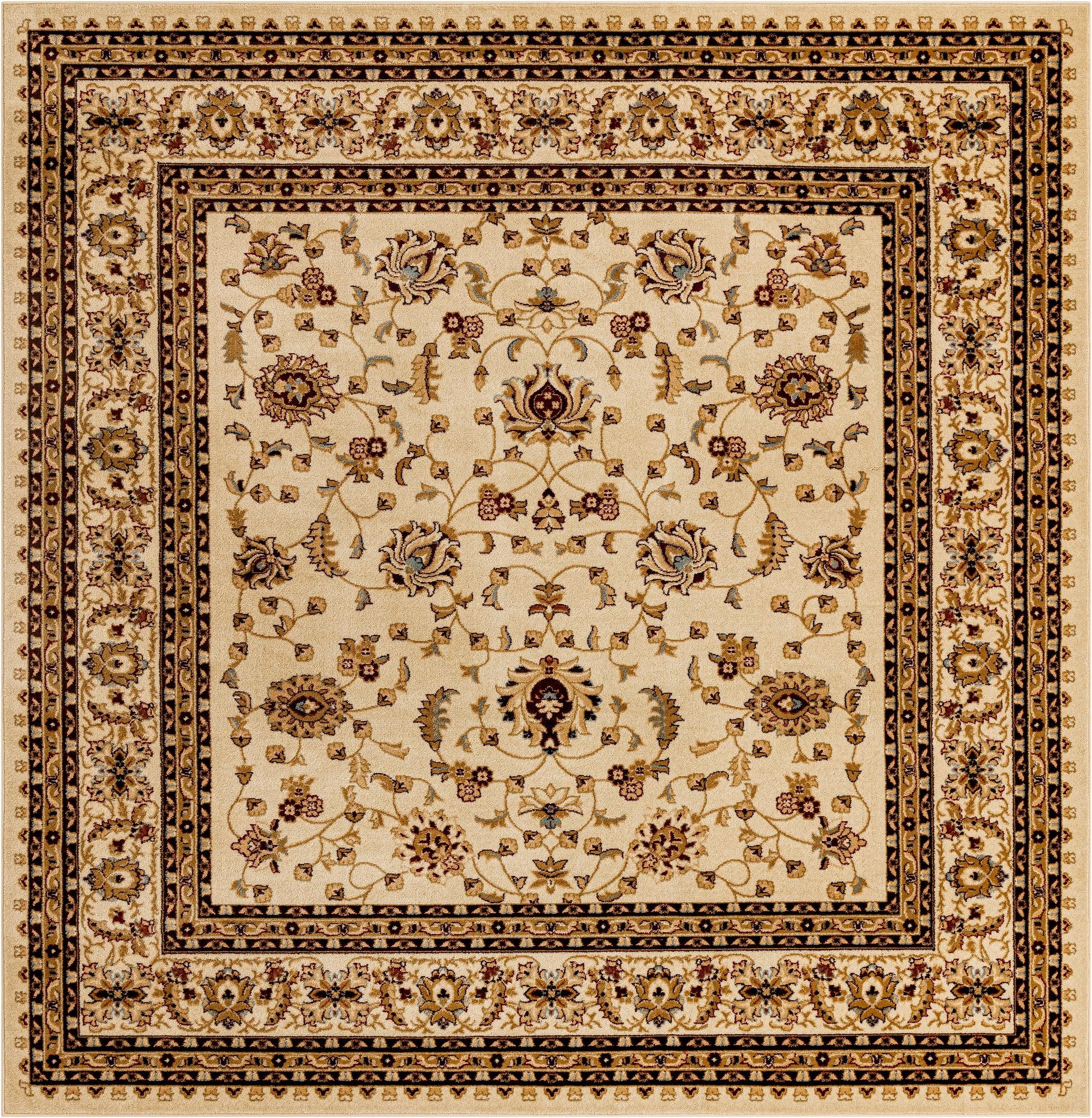 A 10' 0 x 10' 0 square ivory traditional rug with an ornate floral and oriental pattern and a detailed border.