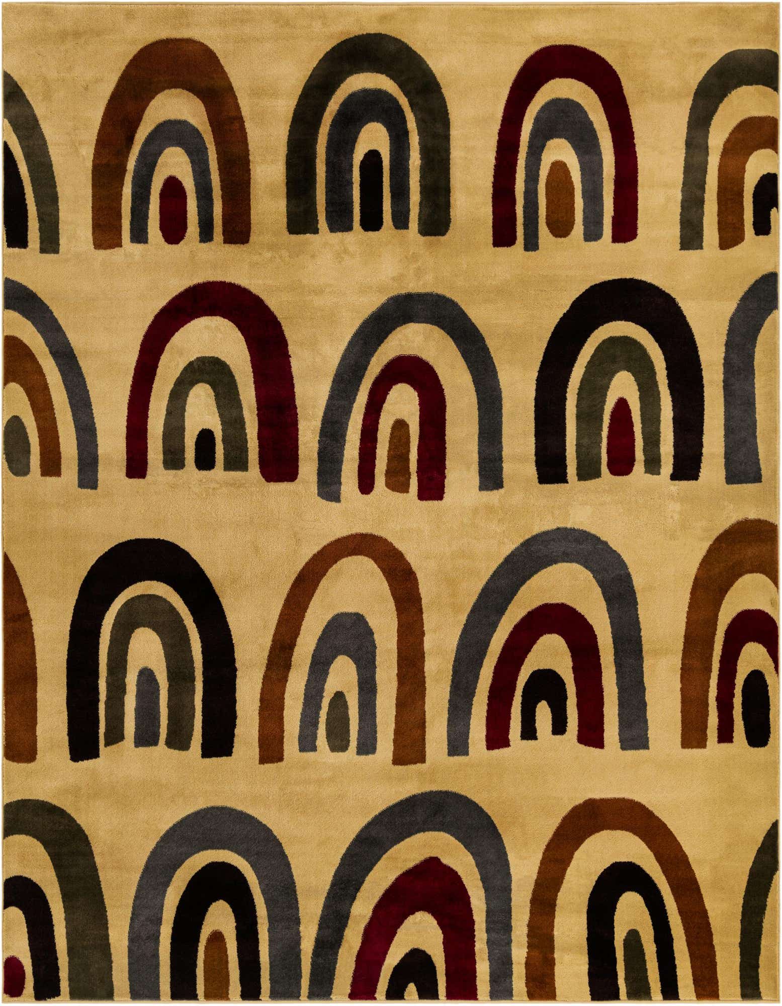 A 10' square ivory rug with a modern pattern of repeating, multi-colored arches in shades of brown, gray, and deep red.