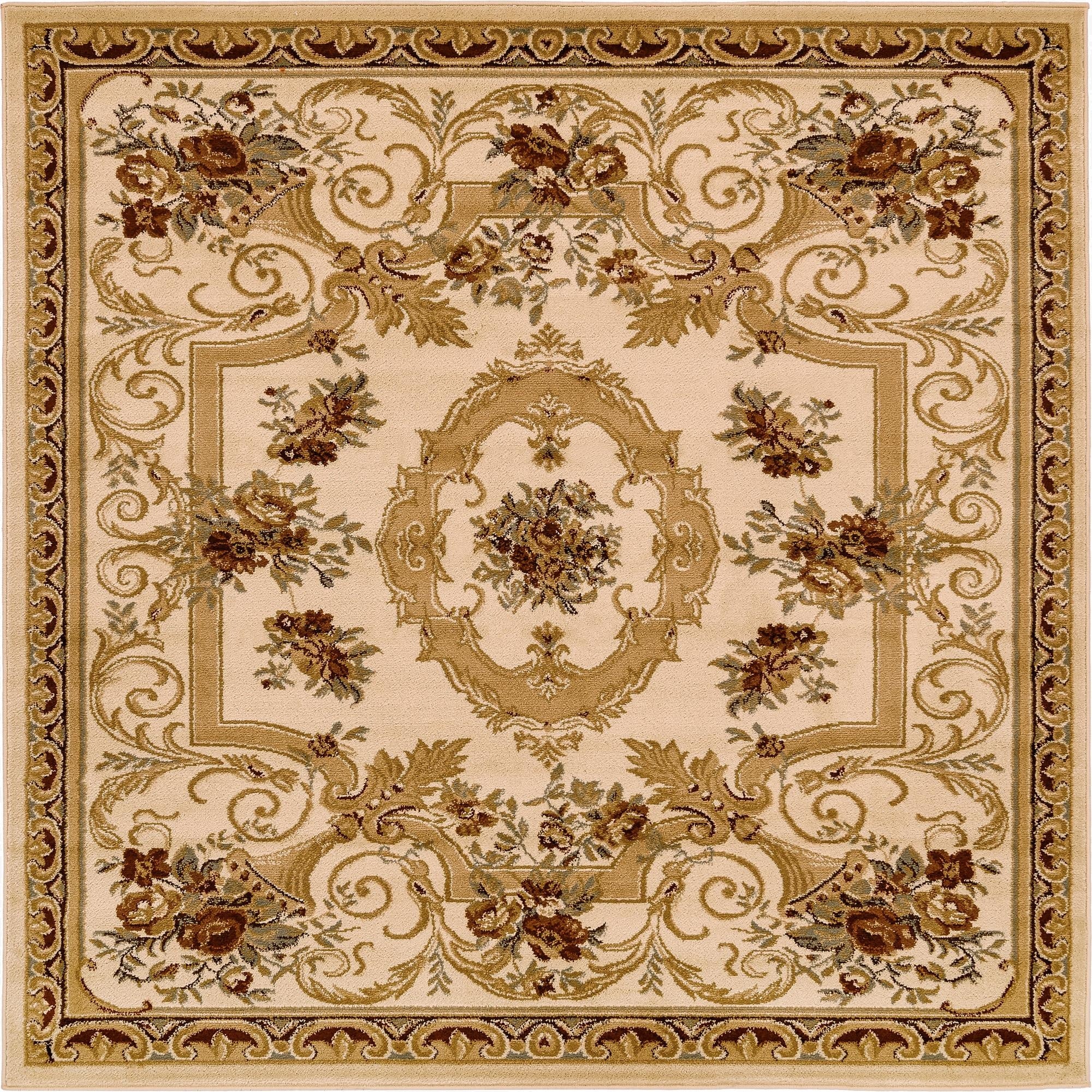 A 6' 0 x 6' 0 square ivory traditional rug with a botanical medallion pattern and a detailed border.