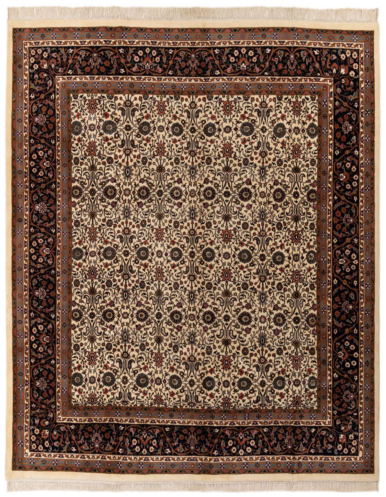 A square 9' 11 x 10' 2 ivory and black traditional Oriental rug with intricate floral patterns and a wide border.