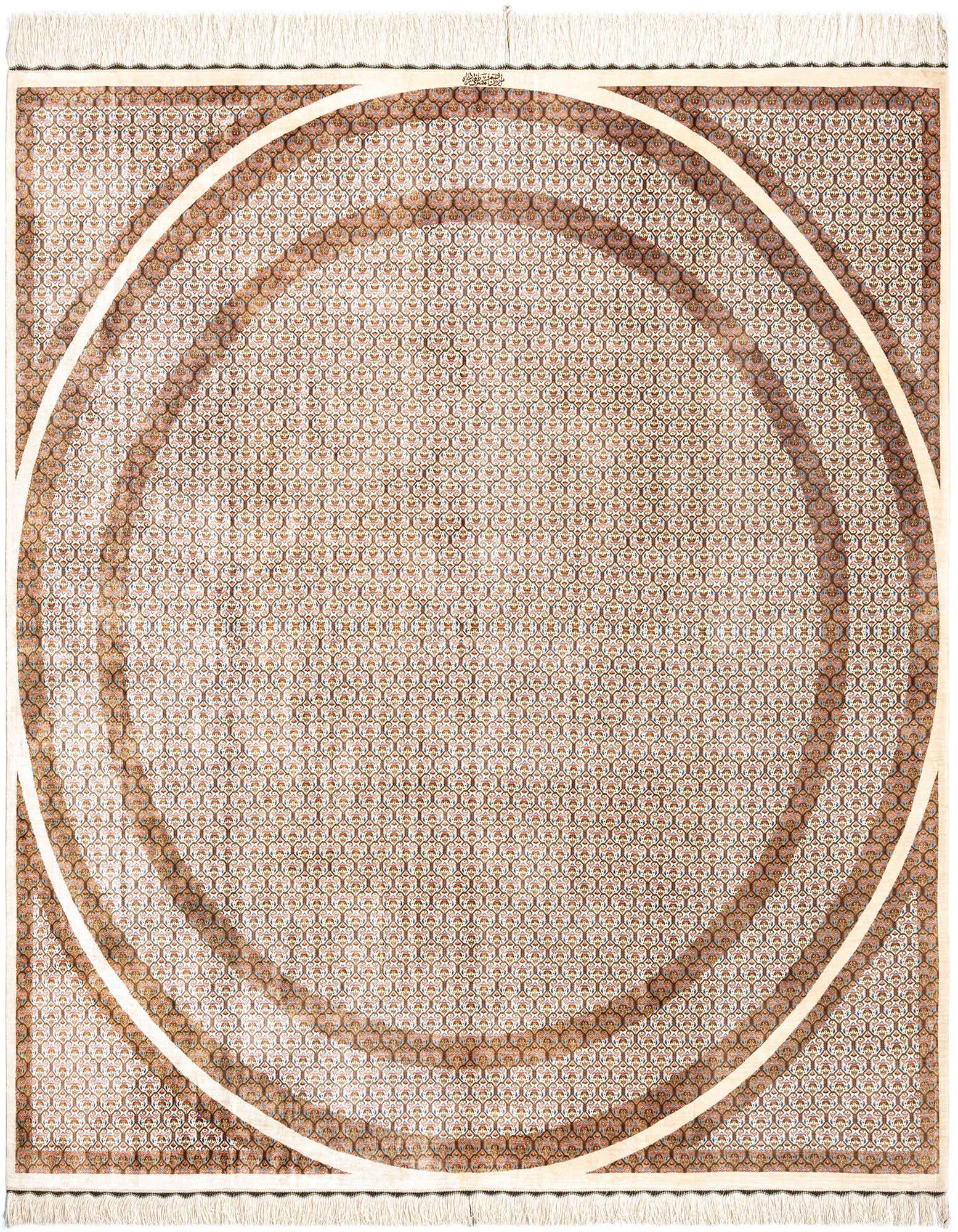 A square 6' 8 x 6' 8 ivory Persian silk rug with a subtle concentric circle pattern and fringe.
