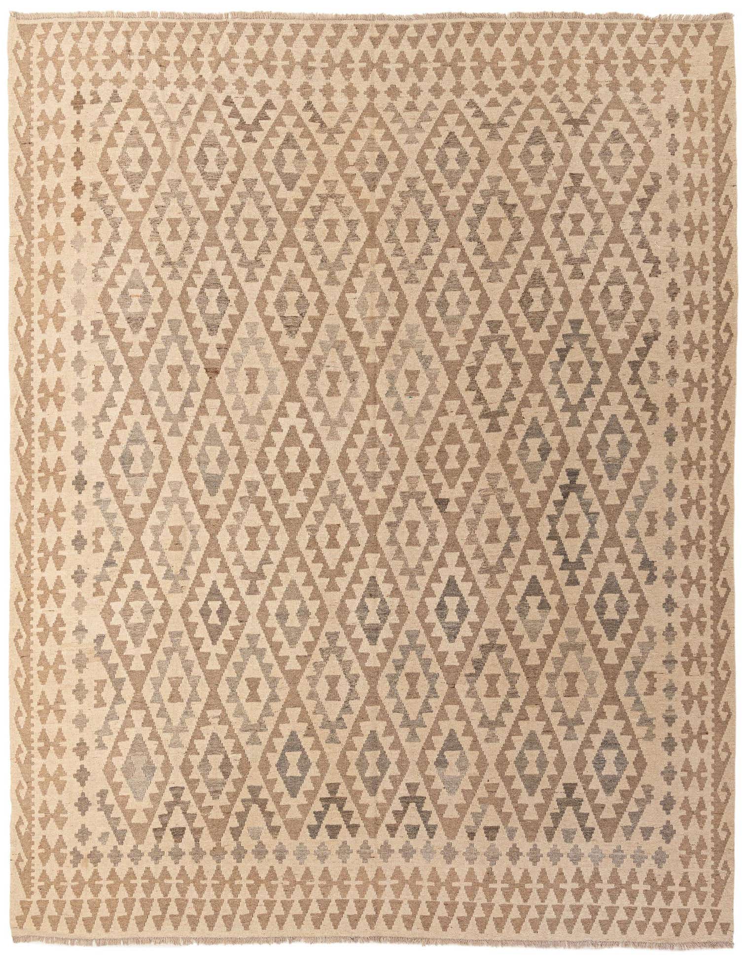 A 9' 9 x 10' 2 square ivory flatweave rug with a tribal geometric diamond pattern in varying shades of cream, beige, and gray.