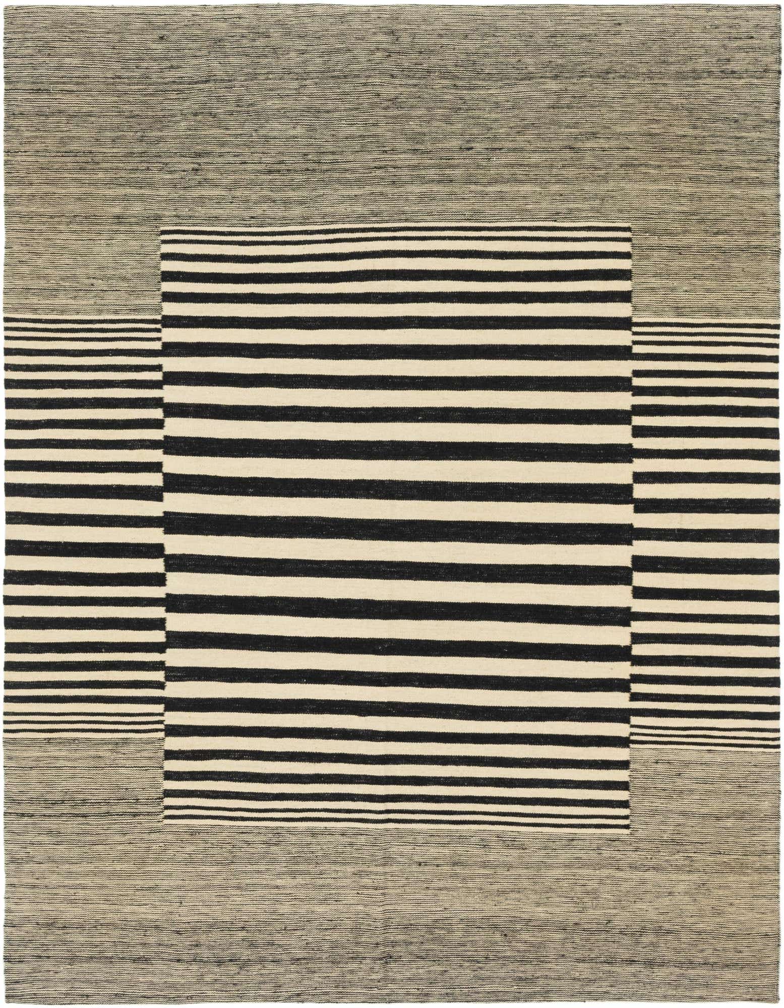 A 6' 0 x 7' 6 square Kilim Modern wool rug featuring a bold black and ivory stripe pattern in the center, framed by a textured solid ivory border.