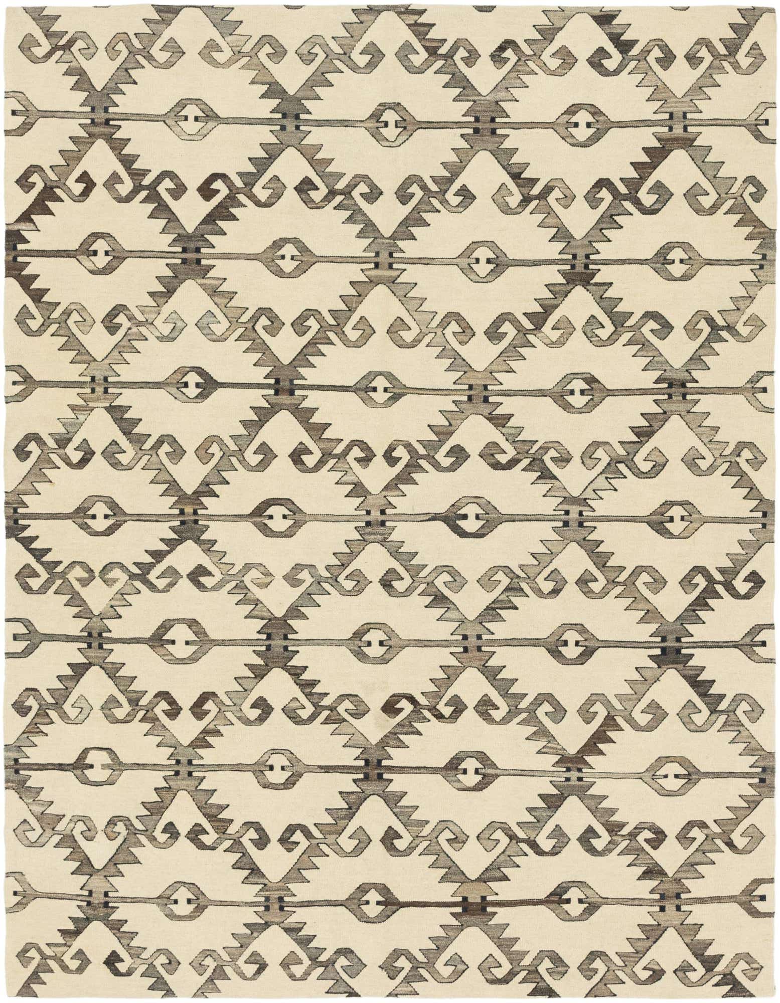 A 6' 4 x 7' 6 square ivory flatweave rug with a repeating tribal pattern in shades of gray and brown.