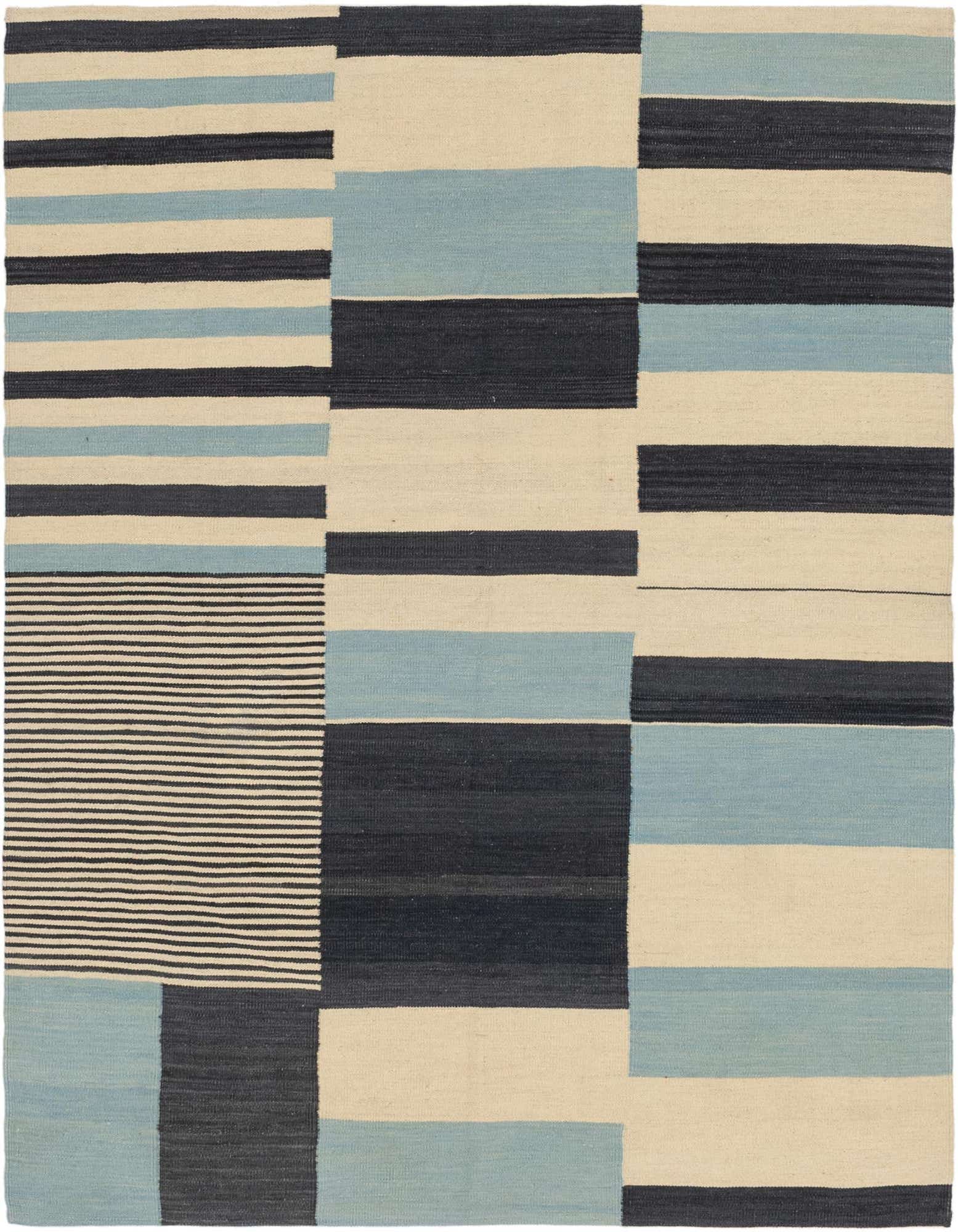 A 5' 6 x 6' 4 square Kilim Modern wool rug featuring a bold geometric pattern of ivory, light blue, and dark blue stripes and blocks.