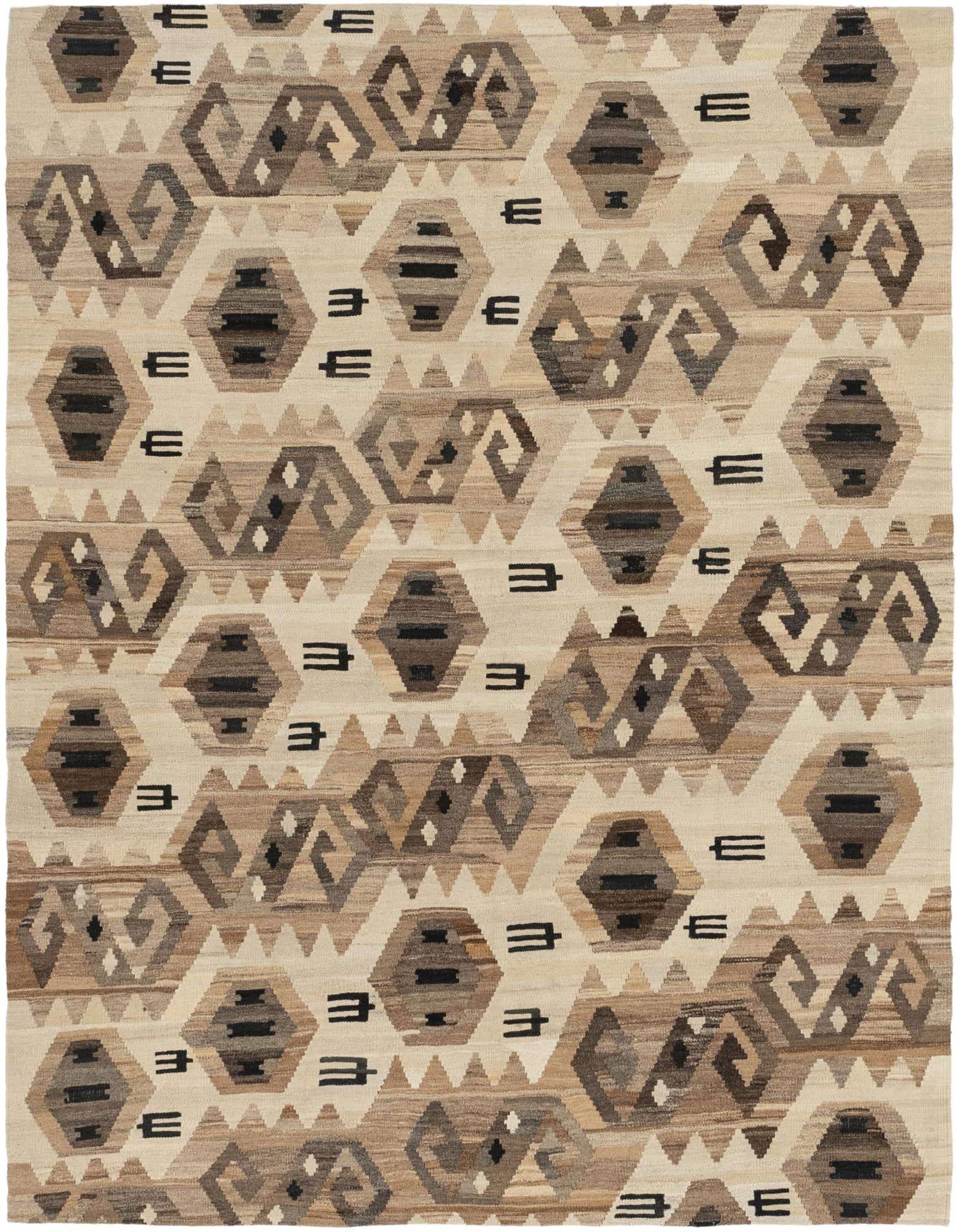 A 6' 0 x 7' 3 square ivory flatweave wool rug with a Southwestern tribal pattern in shades of cream, brown, and black.