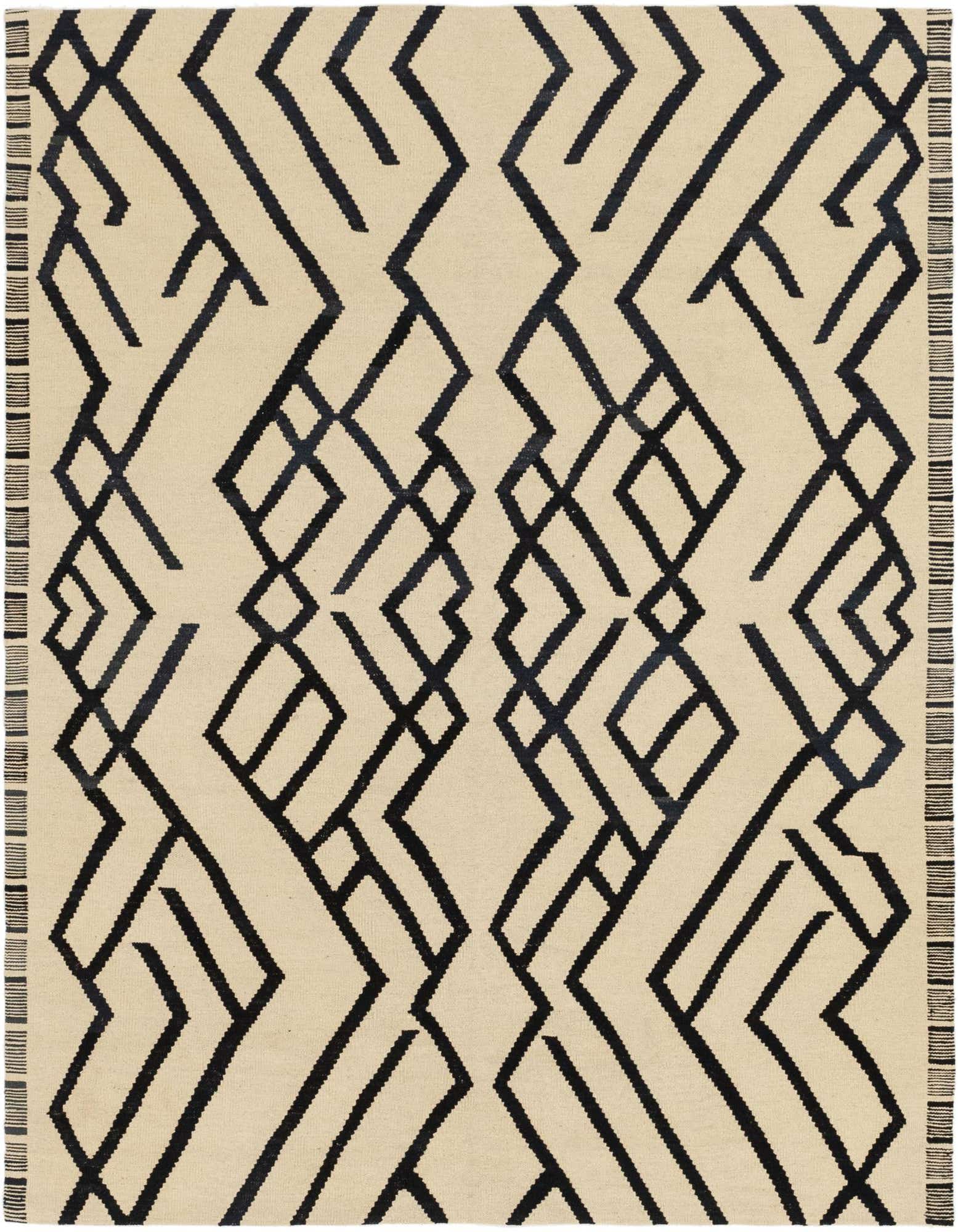 A 6' 0 x 7' 4 square ivory flatweave rug with a bold black geometric tribal pattern, suitable for a modern living room.