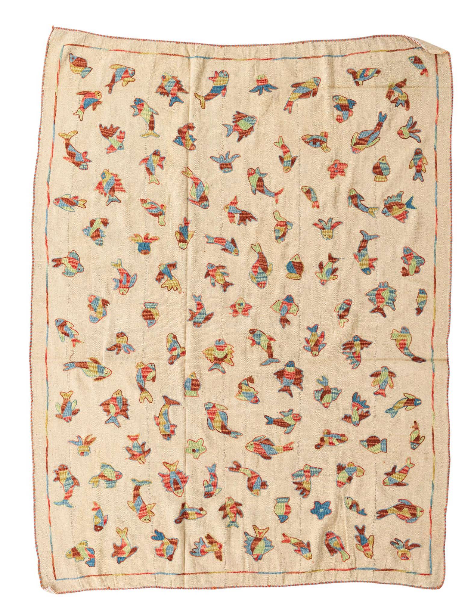 A 6'x7'7 square ivory flatweave rug with a colorful tribal fish pattern, handmade from wool.