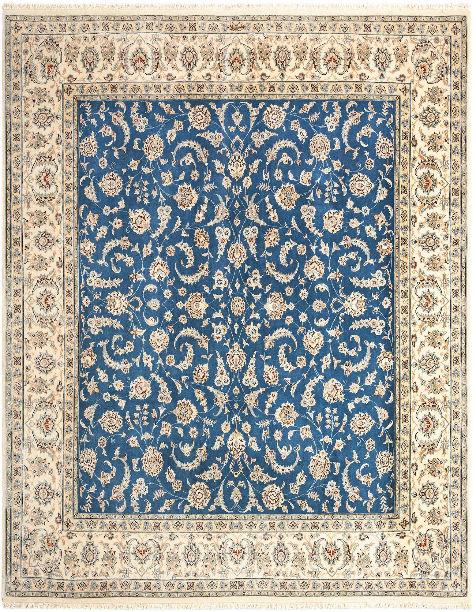 An 8' 0 x 8' 1 square Persian rug with a deep blue center and an ivory border, featuring intricate floral and vine patterns.