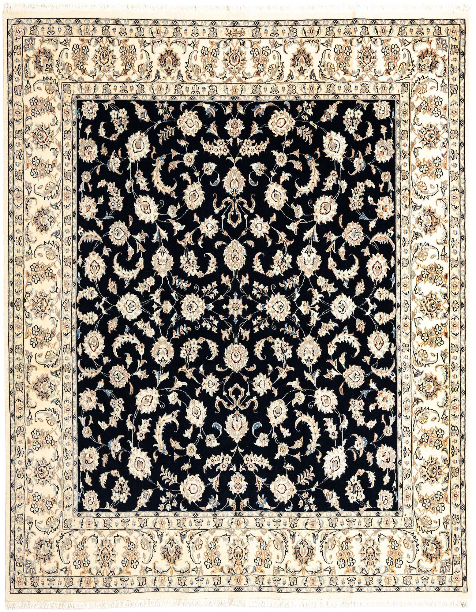 A square 6' 6 x 6' 11 Persian rug with a cream border and a dark navy field featuring intricate ivory floral patterns.