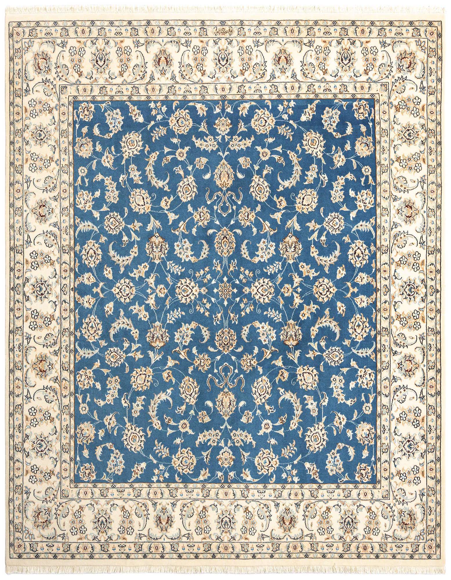 A square 6' 7 x 6' 11 Persian rug with a deep blue field and intricate ivory floral patterns, bordered by a cream frame with complementary designs.