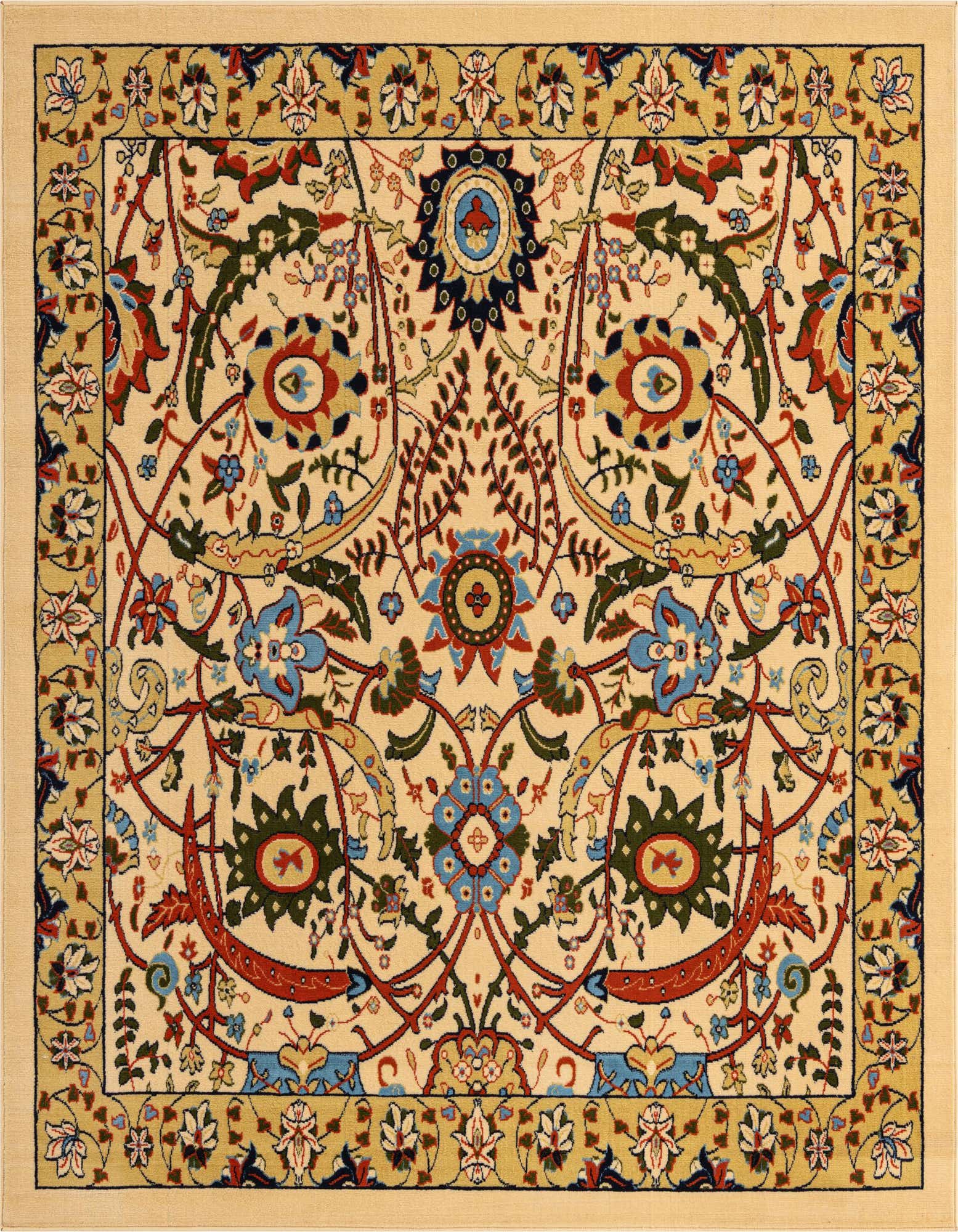 A 7' 10 x 7' 10 square ivory area rug with a detailed traditional botanical and floral pattern in red, blue, and green.