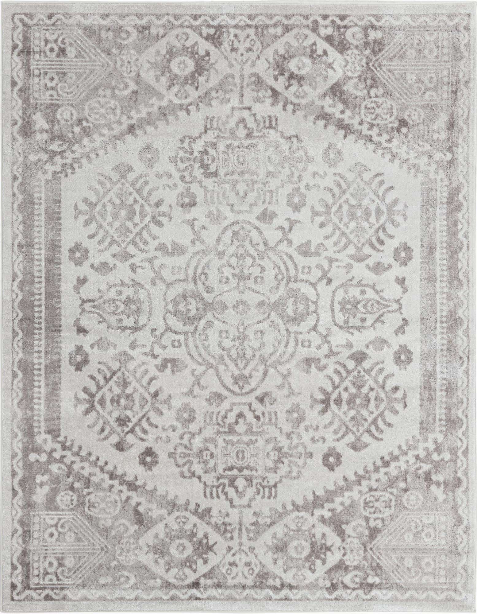 A 7' 10 x 7' 10 square ivory bohemian rug with a distressed medallion and traditional patterns.
