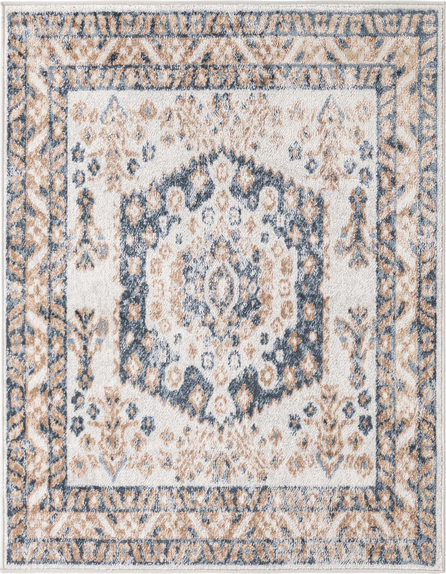 A 4'x4' square ivory rug with a distressed blue and beige medallion and border pattern, suitable for a living room.