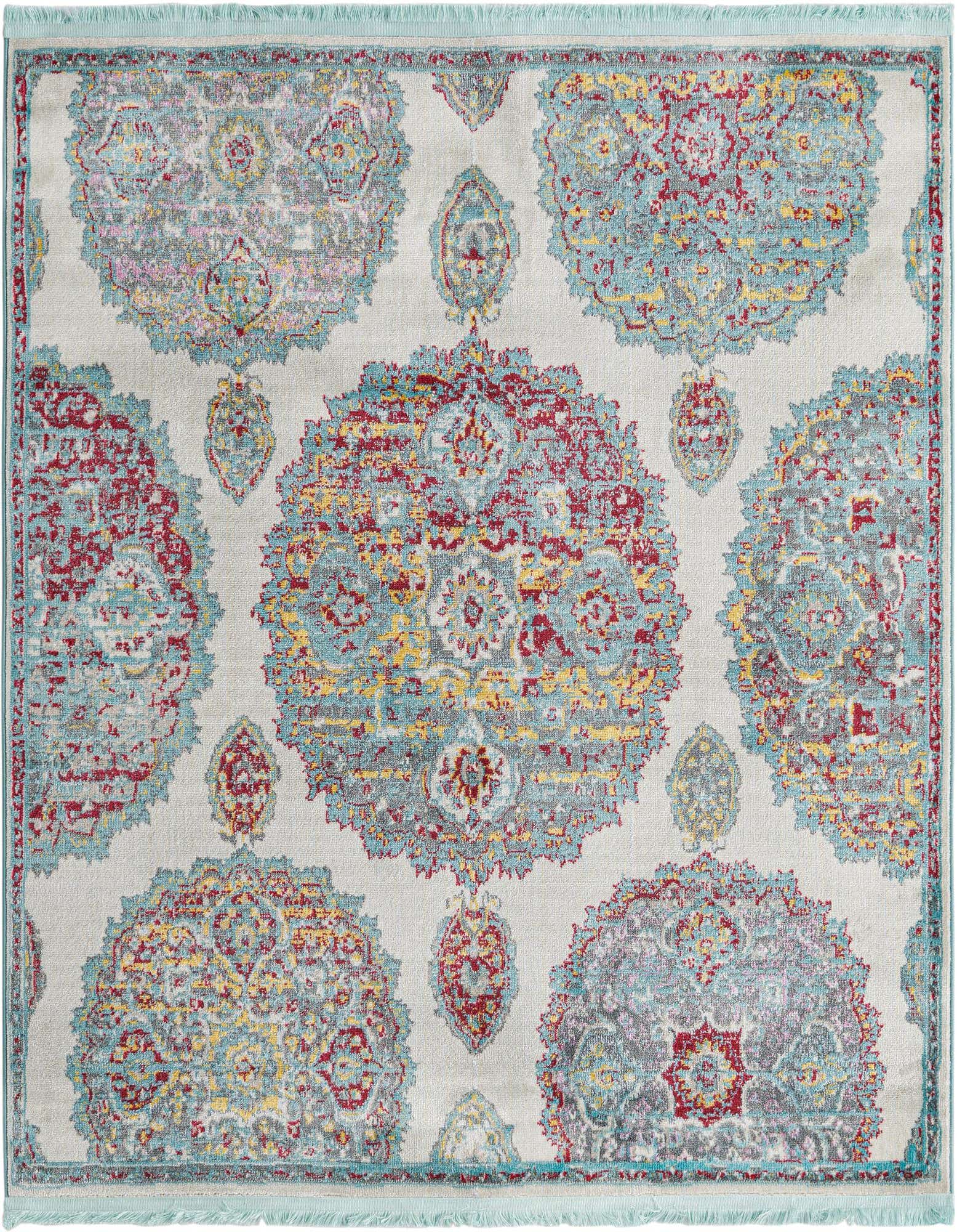 A square ivory area rug with a distressed Bohemian floral pattern in shades of red, blue, and yellow.
