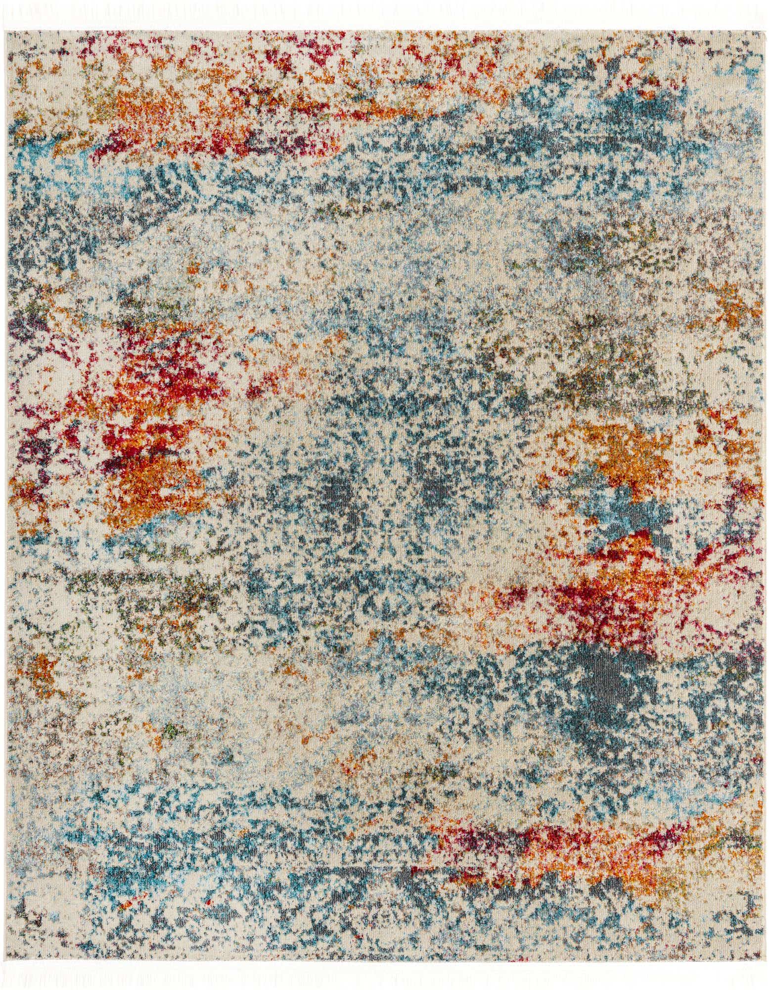 A 5' 0 x 5' 0 square ivory rug with a distressed, abstract pattern in shades of blue, orange, and red.