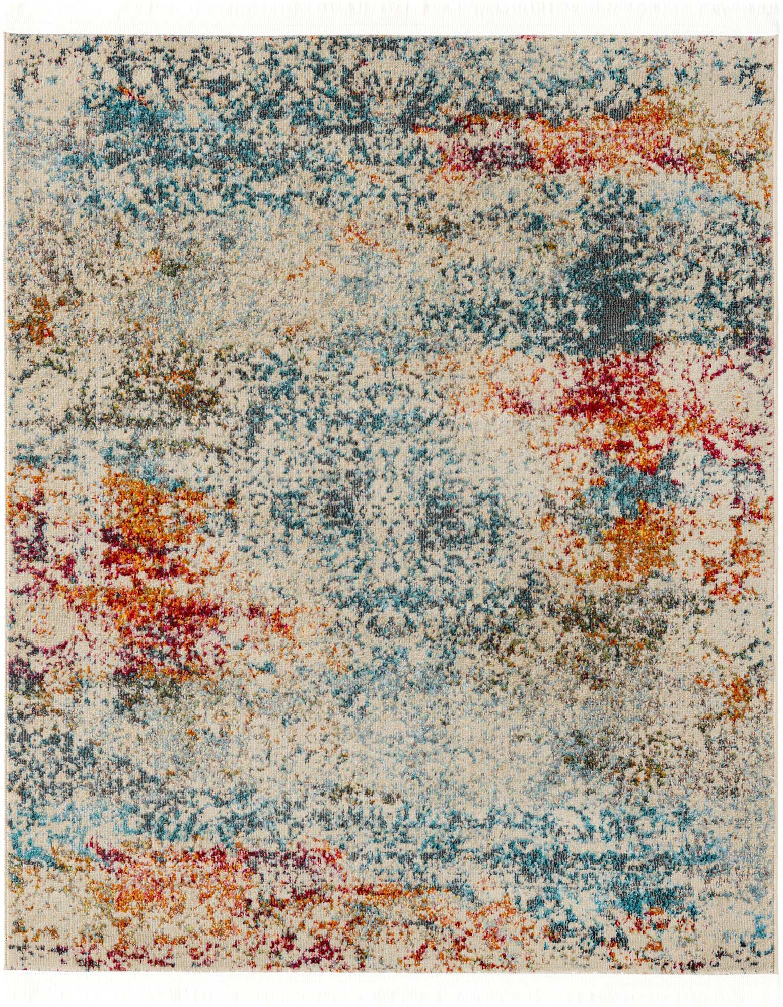 A 4'x4' square ivory rug with an eclectic, distressed pattern featuring splashes of blue, orange, and red.