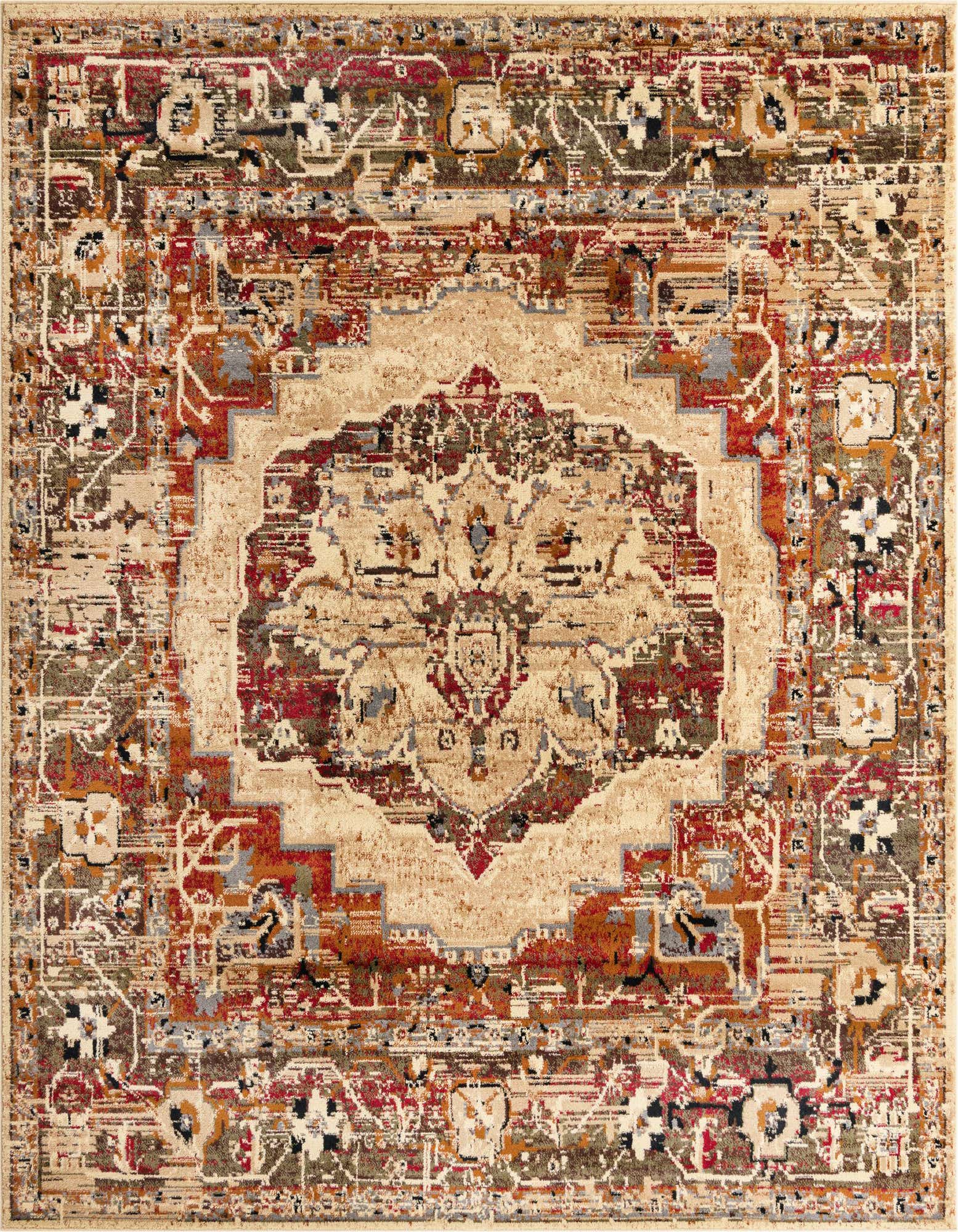 A 7' 10 x 7' 10 square ivory traditional rug with a distressed medallion pattern in reds, creams, and grays.