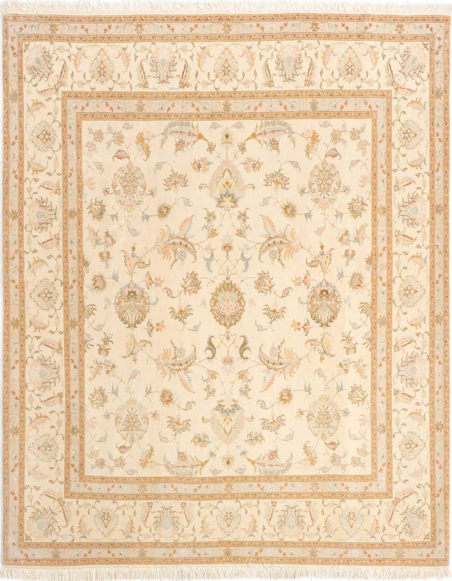 A square 6' 6 x 6' 9 ivory Persian rug with a detailed floral pattern and border, made of wool and silk.