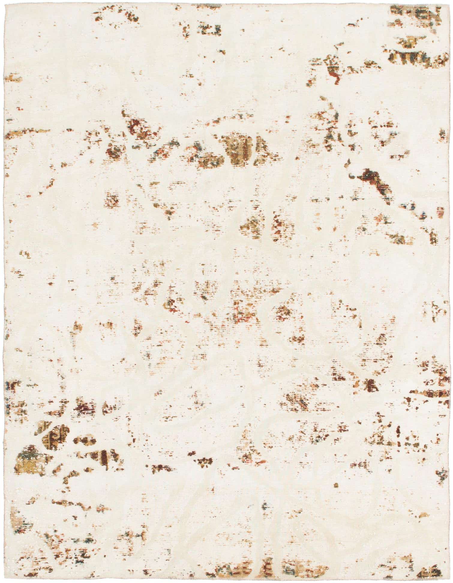 A 7' 0 x 8' 2 square ivory wool rug with a distressed Persian-inspired pattern in subtle creams and muted earthy tones.