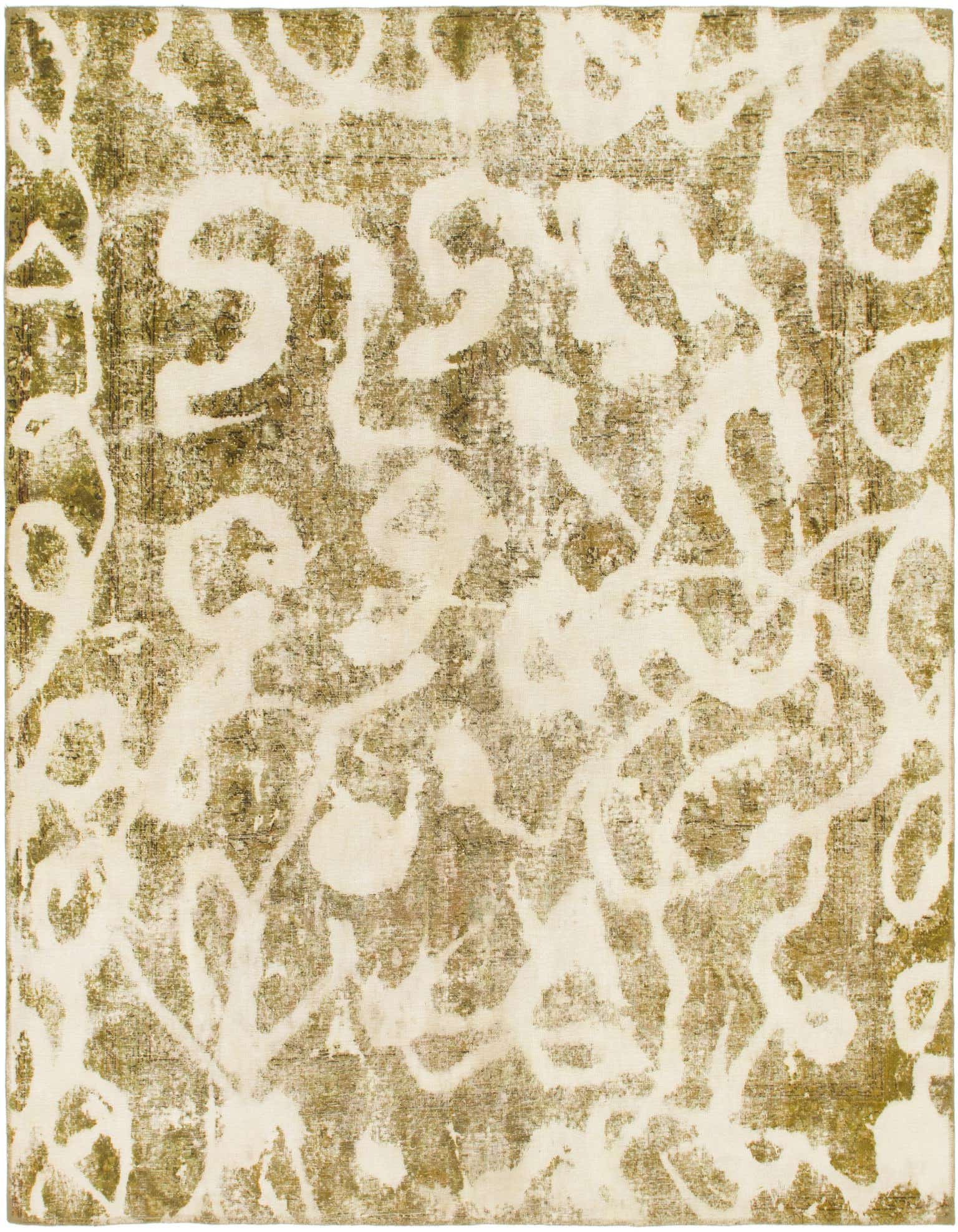 A square 8' 9 x 9' 0 Ultra Vintage wool rug featuring an abstract ivory pattern over a distressed olive green and cream background.