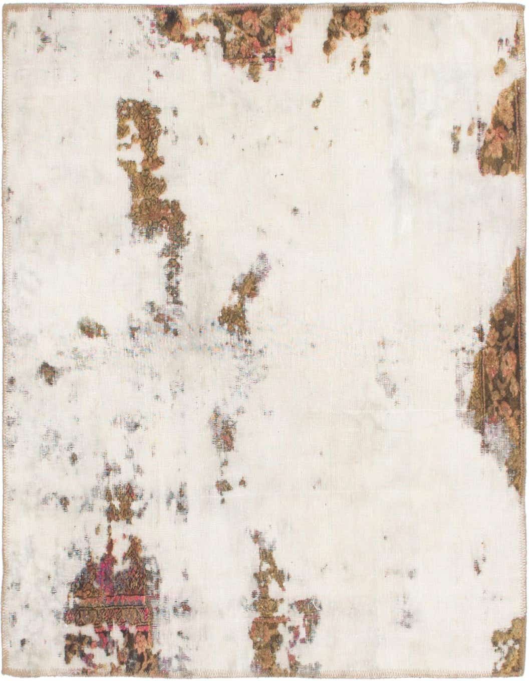 A square 3' 8 x 4' 0 ivory wool rug with a distressed Persian pattern in brown and hints of red, featuring a flat pile.