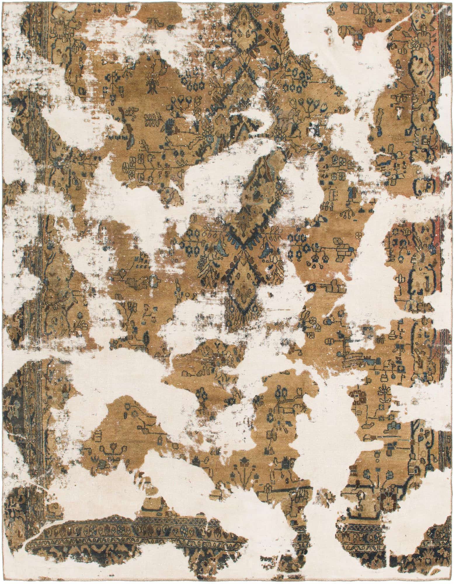 A square 8' 10 x 9' 10 Rugs.com Ultra Vintage ivory and brown Persian-style wool rug with an intentionally distressed, abstract pattern.
