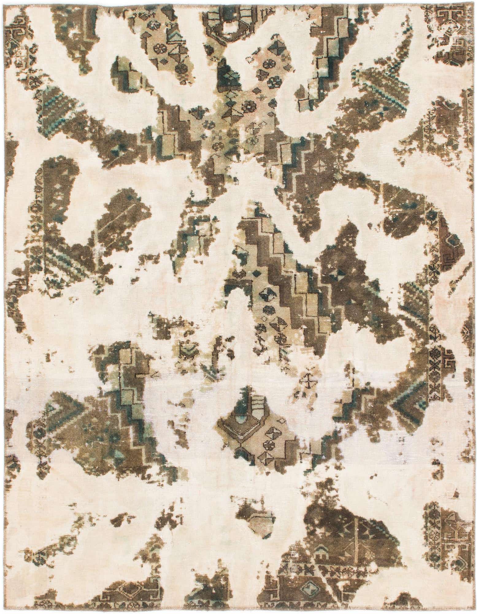 A 6' 0 x 6' 0 square ivory and brown distressed Persian-style wool rug with abstract patterns.
