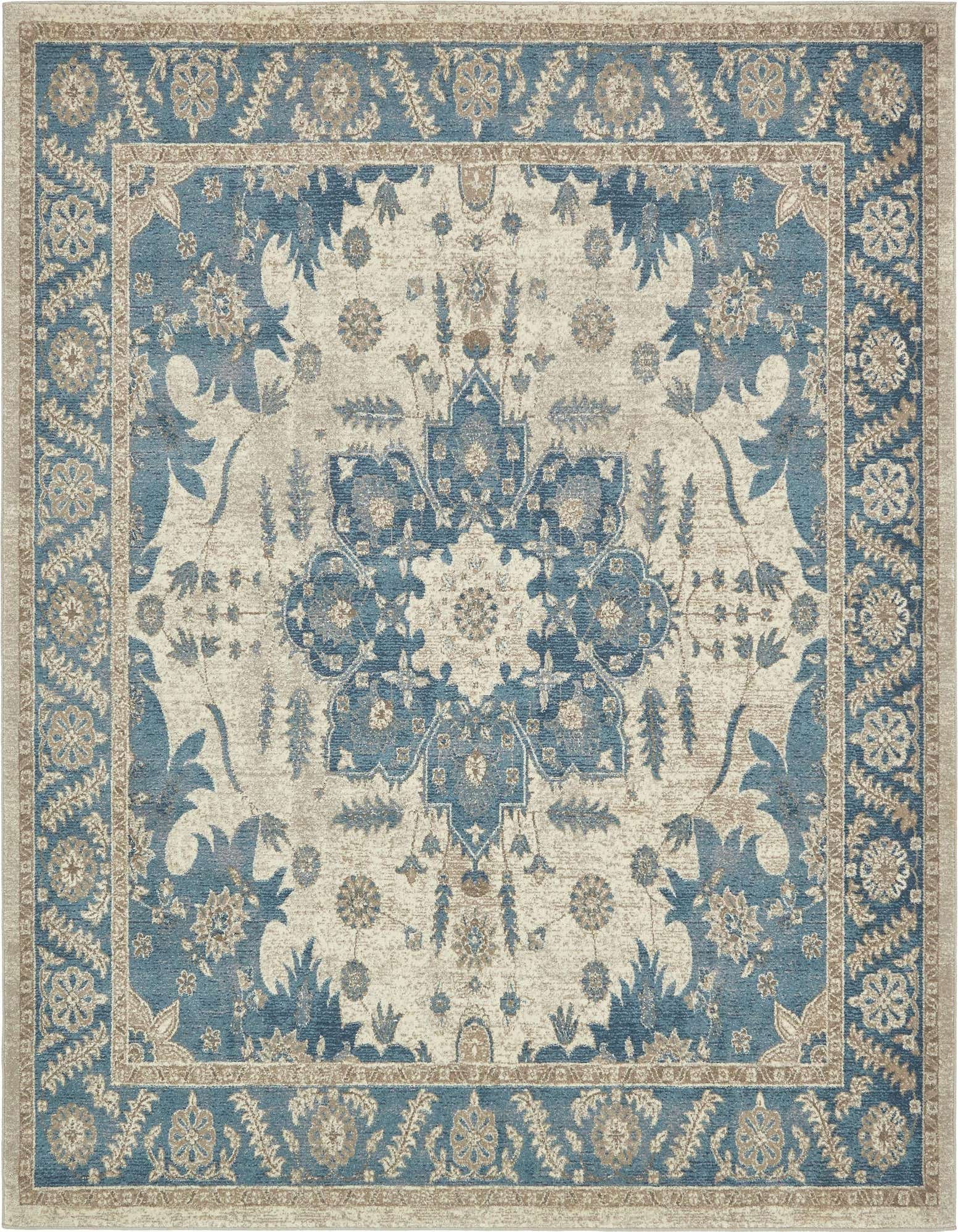A square 8' x 8' ivory and blue traditional area rug with a central medallion and botanical border.