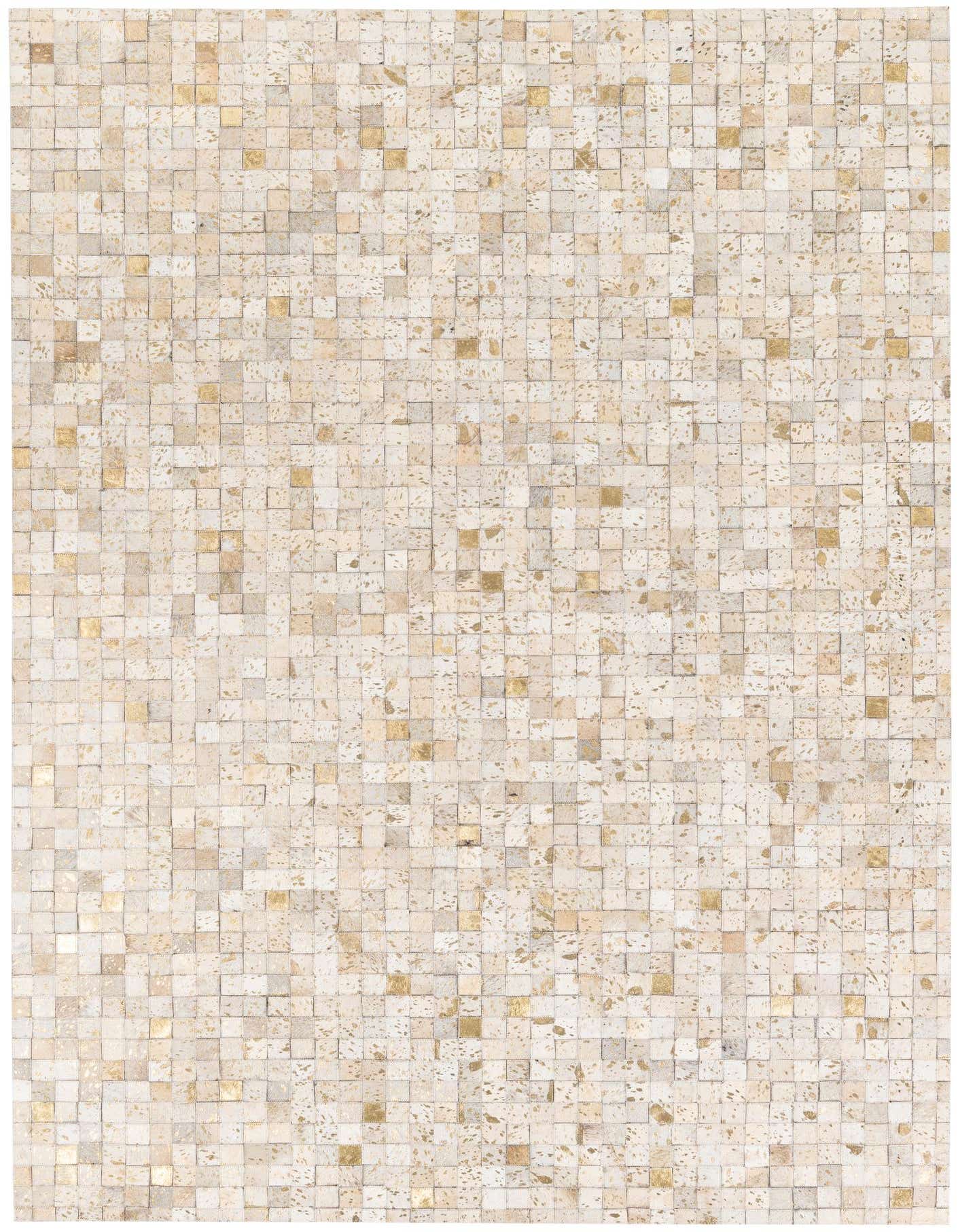A rectangular 5x7 modern rug featuring a mosaic of small square cowhide and leather tiles in varying shades of cream, beige, and gold.