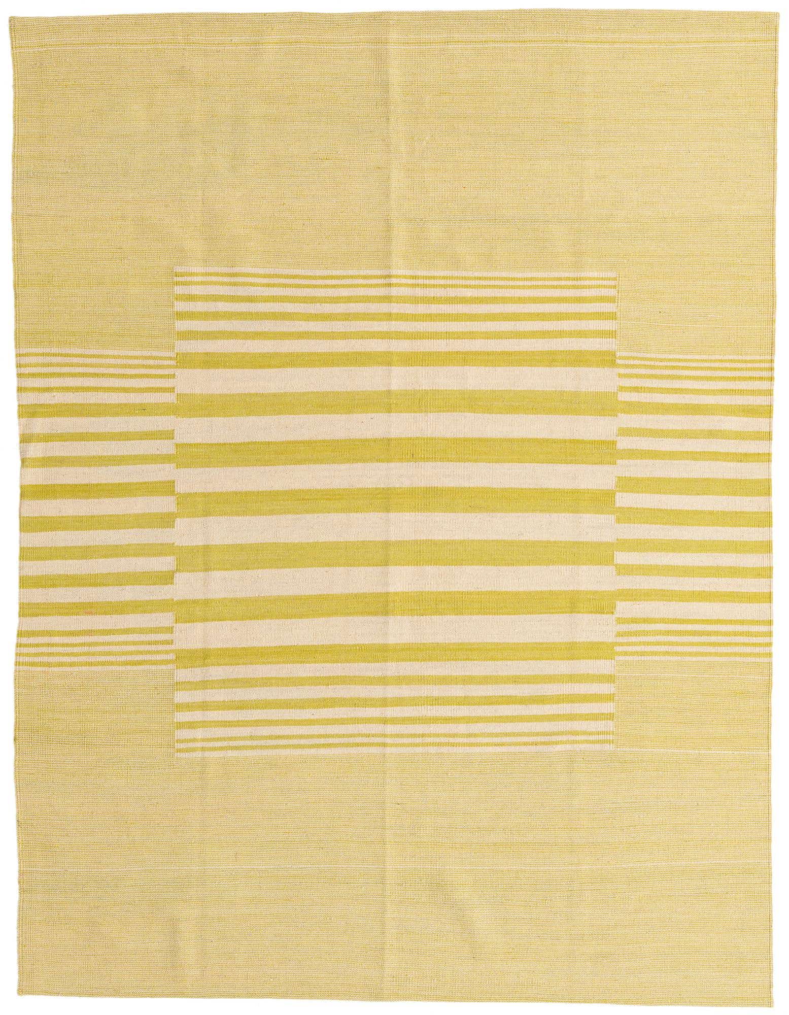 A rectangular 5x8 flatweave rug featuring a modern tribal pattern in shades of cyan and off-white.