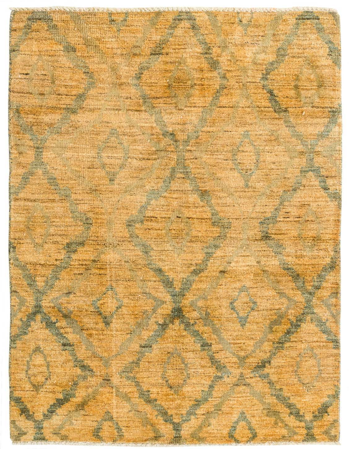 A 3x5 rectangular Modern Ziegler rug featuring a distressed cyan geometric pattern on a golden-yellow background, ideal for an entryway.