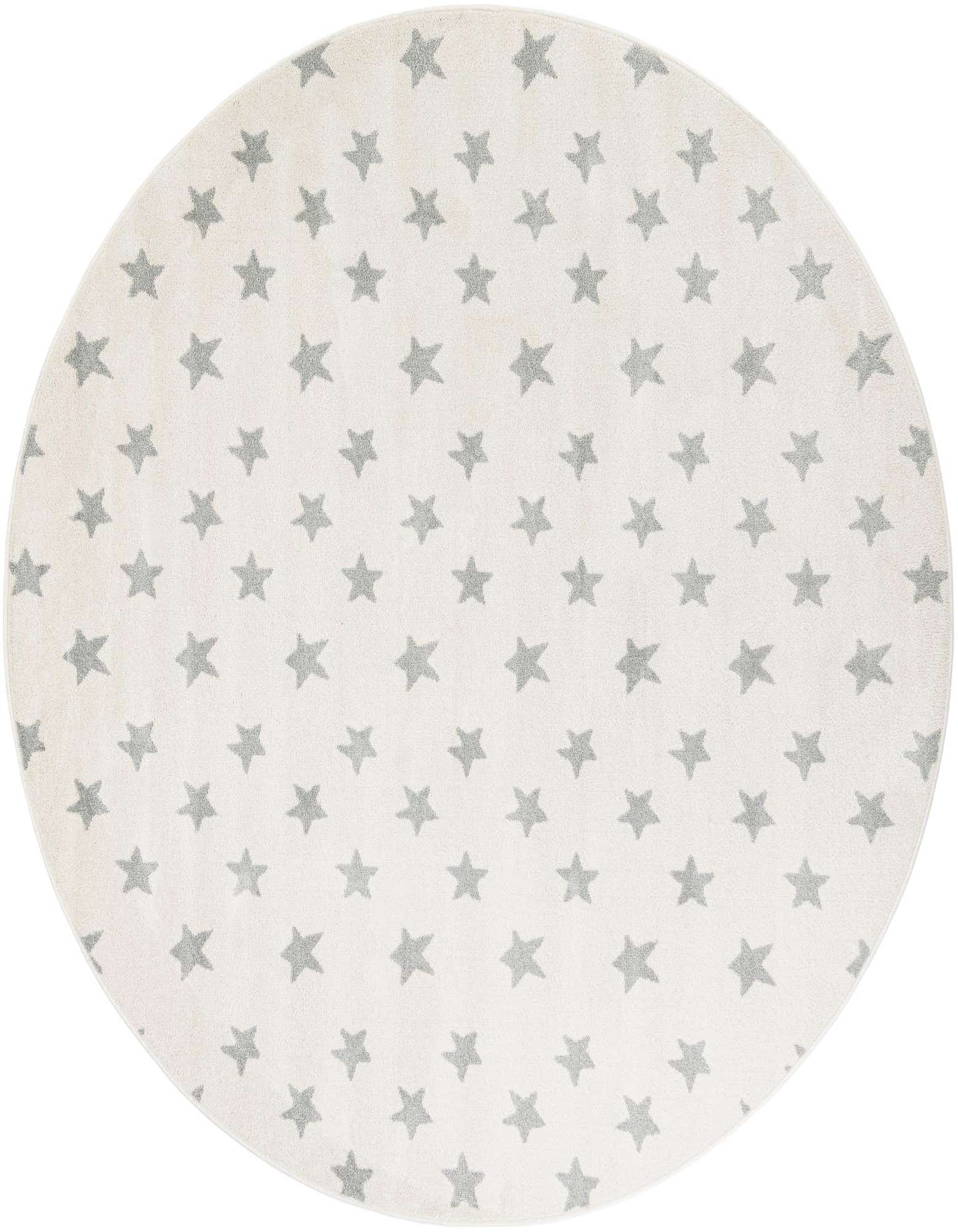 A round daisy white rug with a playful pattern of scattered gray stars, perfect for a child's room.