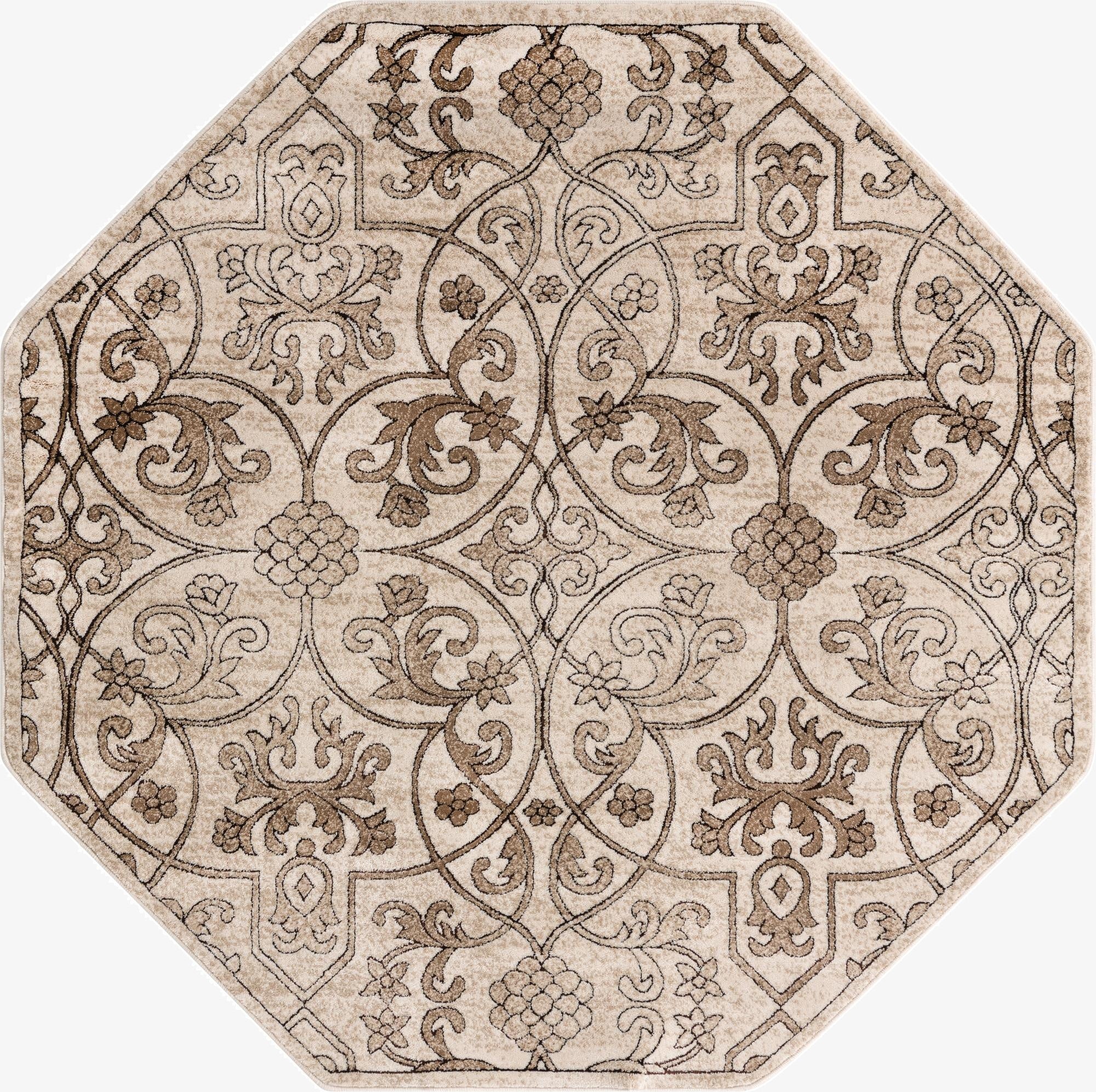 An octagon-shaped Rugs.com Nepal rug, 6' x 6', featuring a traditional botanical pattern in browns, tans, and ivories.