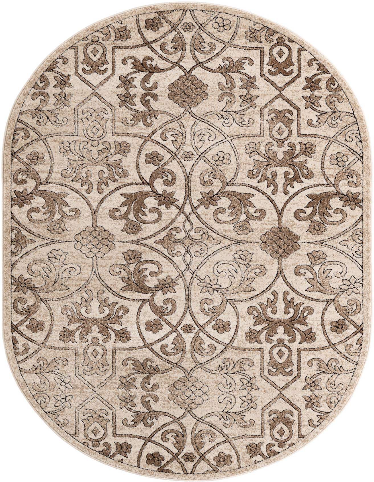 An oval 5'3" x 8'0" cream and brown rug with a traditional botanical pattern, featuring intertwined floral and scroll motifs.