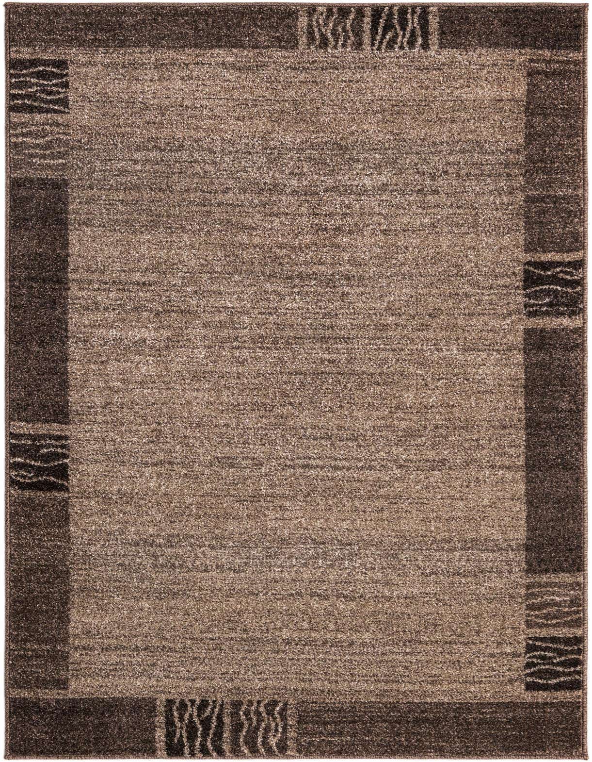 A 3x5 rectangular Angelica rug featuring a textured tan and brown center with a dark brown border and abstract wavy patterns.