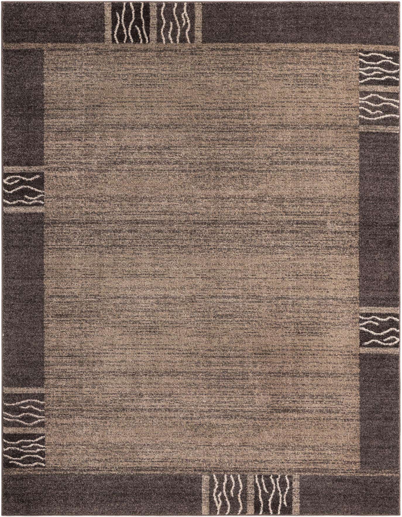 A 7x10 rectangular brown and tan area rug with a dark brown border featuring ivory wave patterns, suitable for a living room.