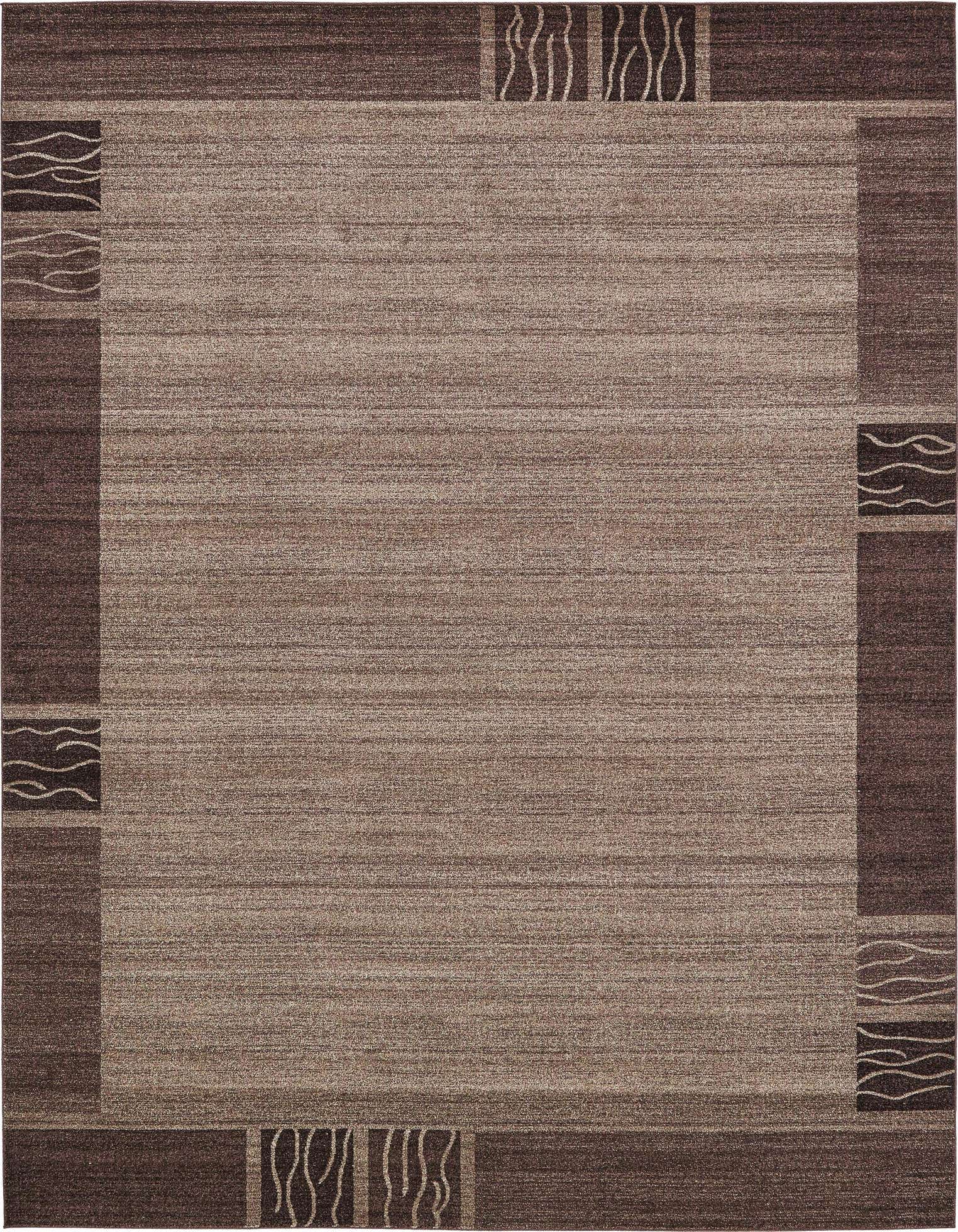 A 10x13 rectangular Angelica rug in varying shades of brown and tan, featuring a solid center and a border with abstract wavy patterns.