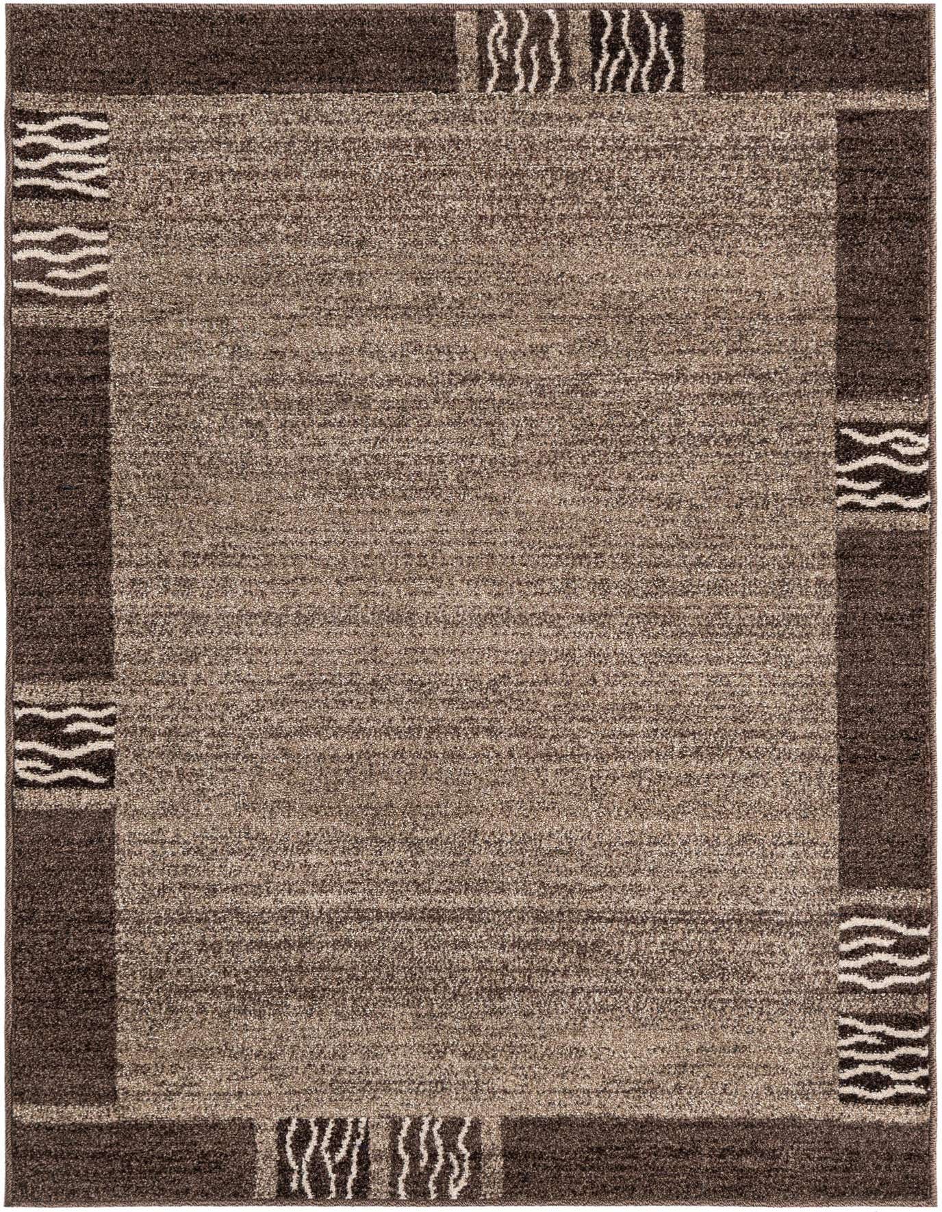 A 4x6 rectangular brown and tan area rug with a dark brown border featuring ivory wavy patterns, suitable for a living room.