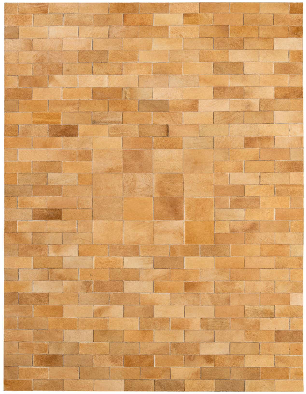 A 5x8 rectangular Cowhide Patchwork rug in varying shades of brown and tan, featuring a modern brick-like pattern.