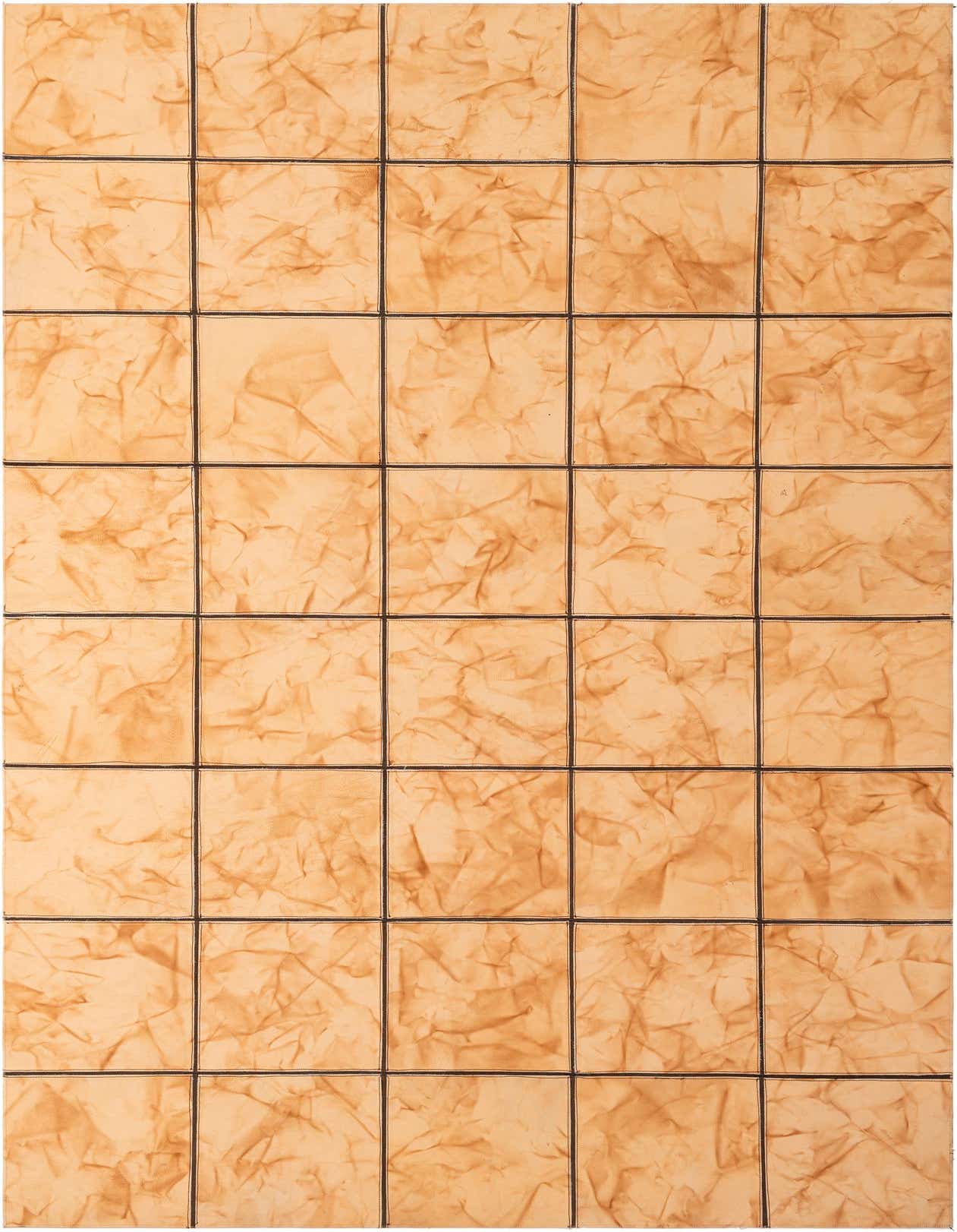 A 5x8 rectangular Cowhide Patchwork rug in varying shades of brown and tan, featuring a modern, abstract design.
