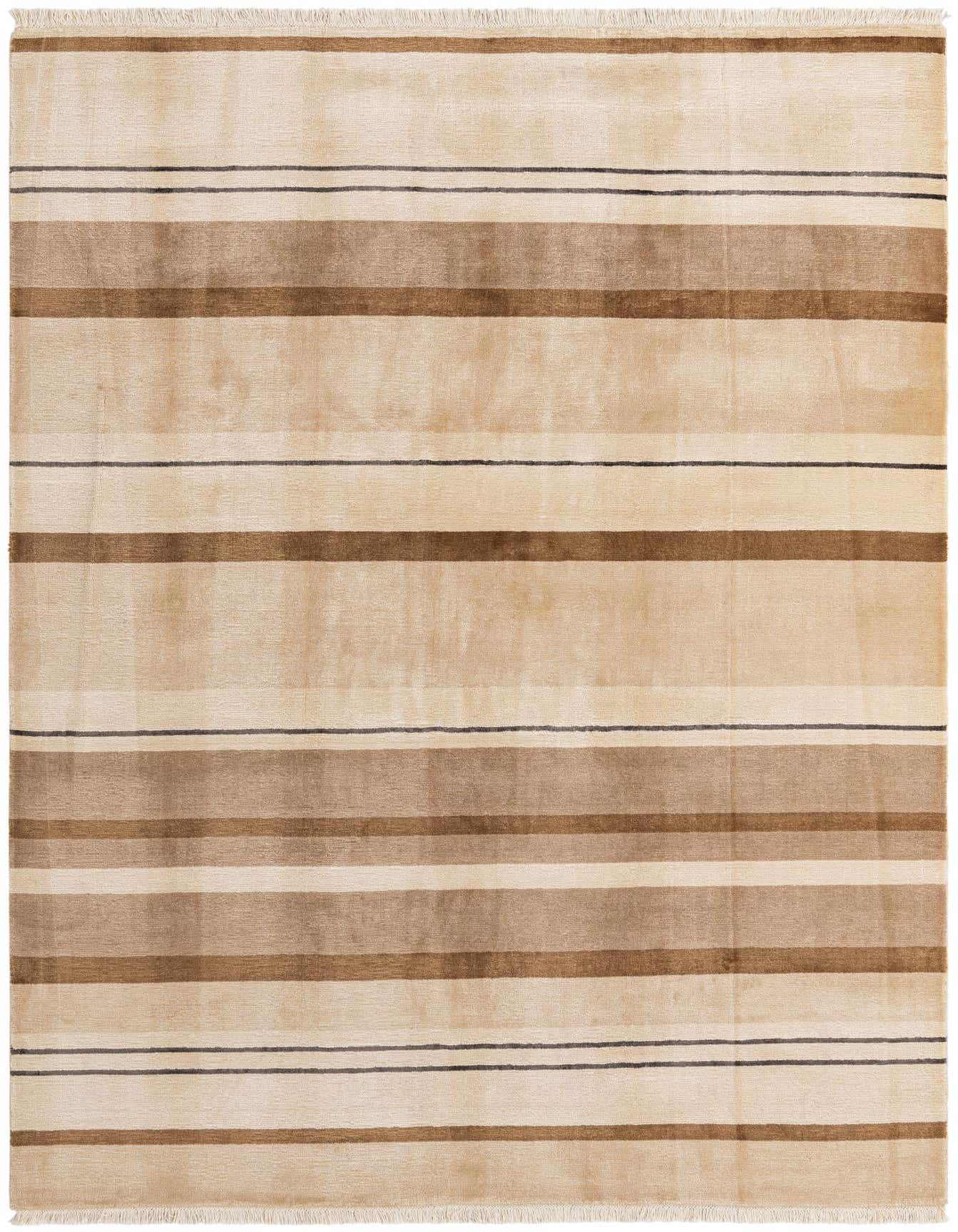 A 7x10 rectangular Darya rug with horizontal stripes in varying shades of brown, tan, and cream, with thin dark grey accent lines, and fringed ends.