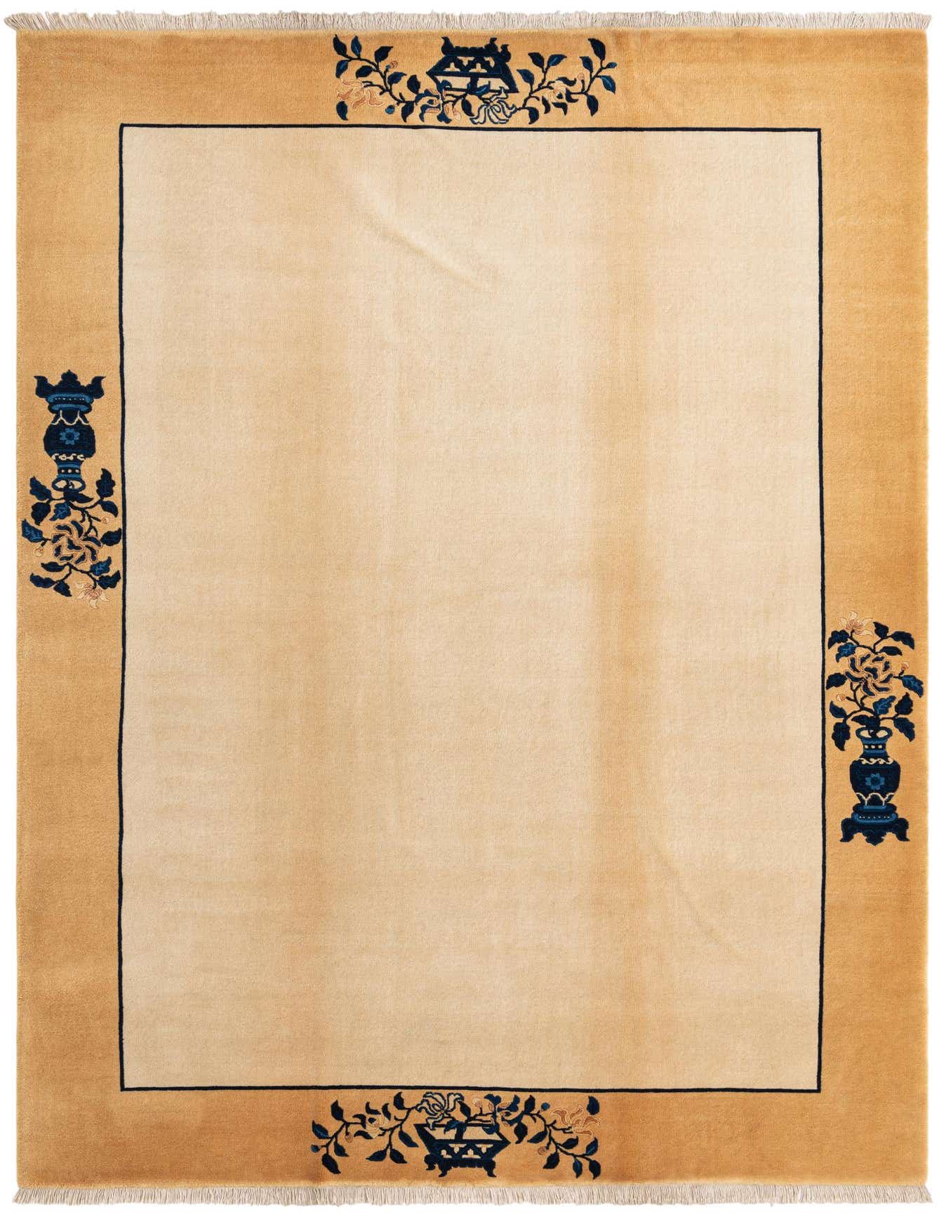 A 5x8 rectangular Darya rug with a tan border and an ivory center, featuring blue oriental vase and floral patterns in the corners.