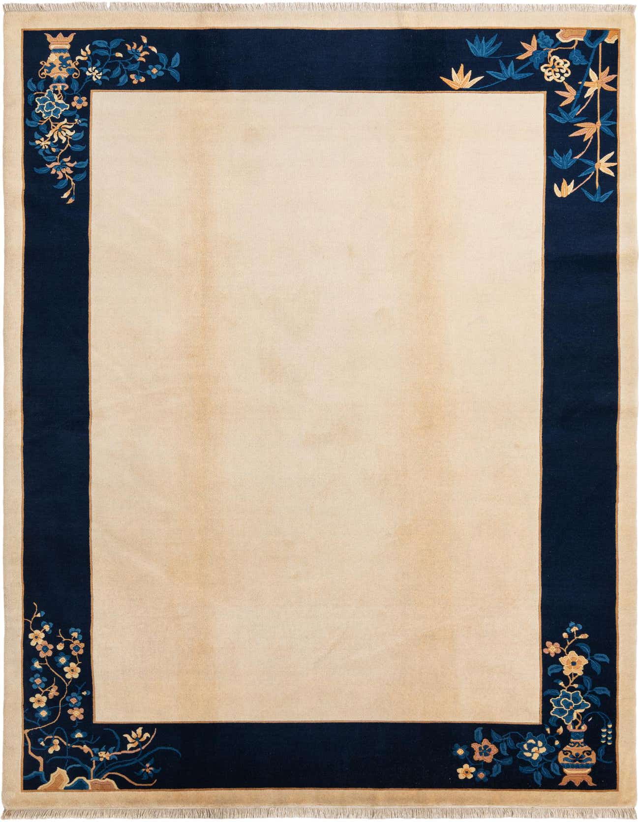 A 5x8 rectangular Darya rug with a cream field and a wide navy border featuring intricate floral and bamboo motifs in blue and gold.