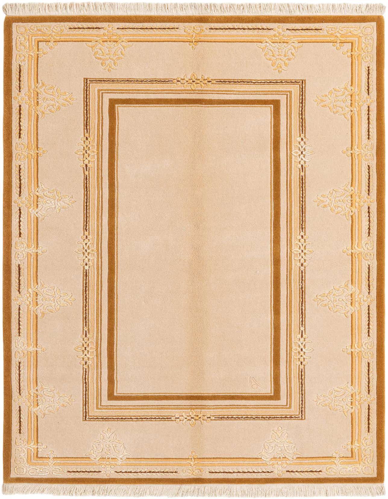 A 4x6 rectangular Darya rug in shades of brown and ivory, featuring a modern oriental pattern with a central field and ornate borders, handmade from wool.