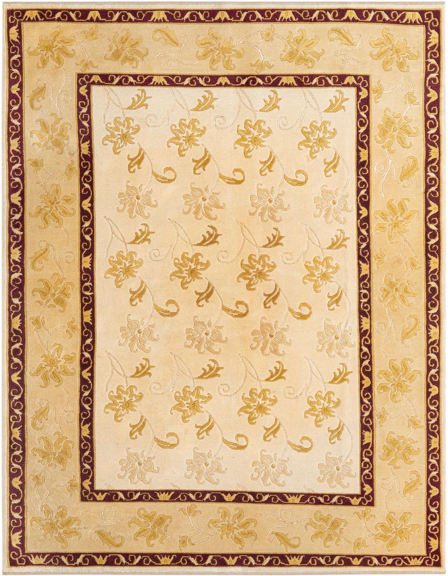 A 5x8 rectangular Darya rug in cream and tan with a floral pattern and a deep red border, suitable for a living room.